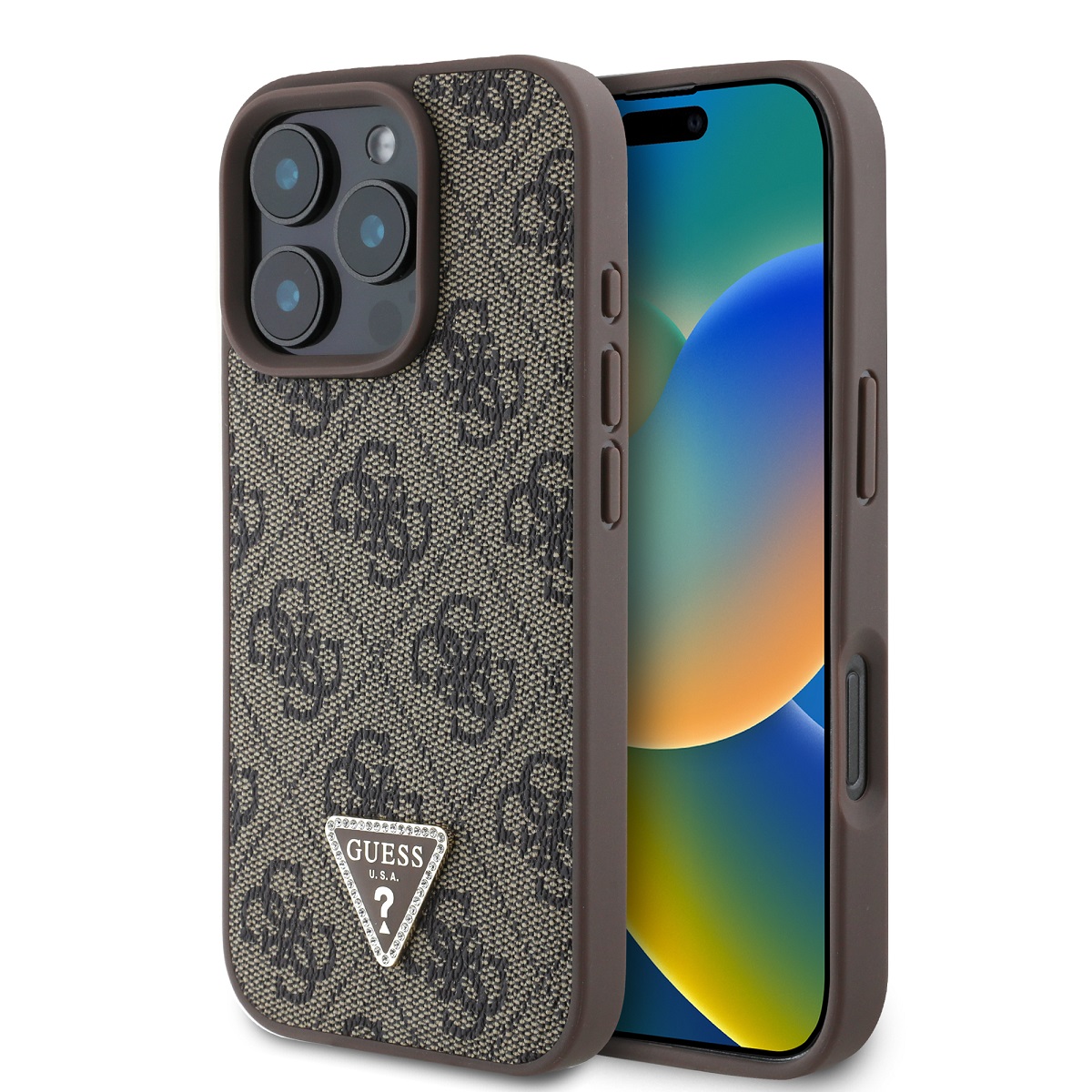 GUESS Case Apple iPhone 16 Pro Max, PU 4G Strass Triangle Metal Logo, brown - GUHCP16XP4TDPW