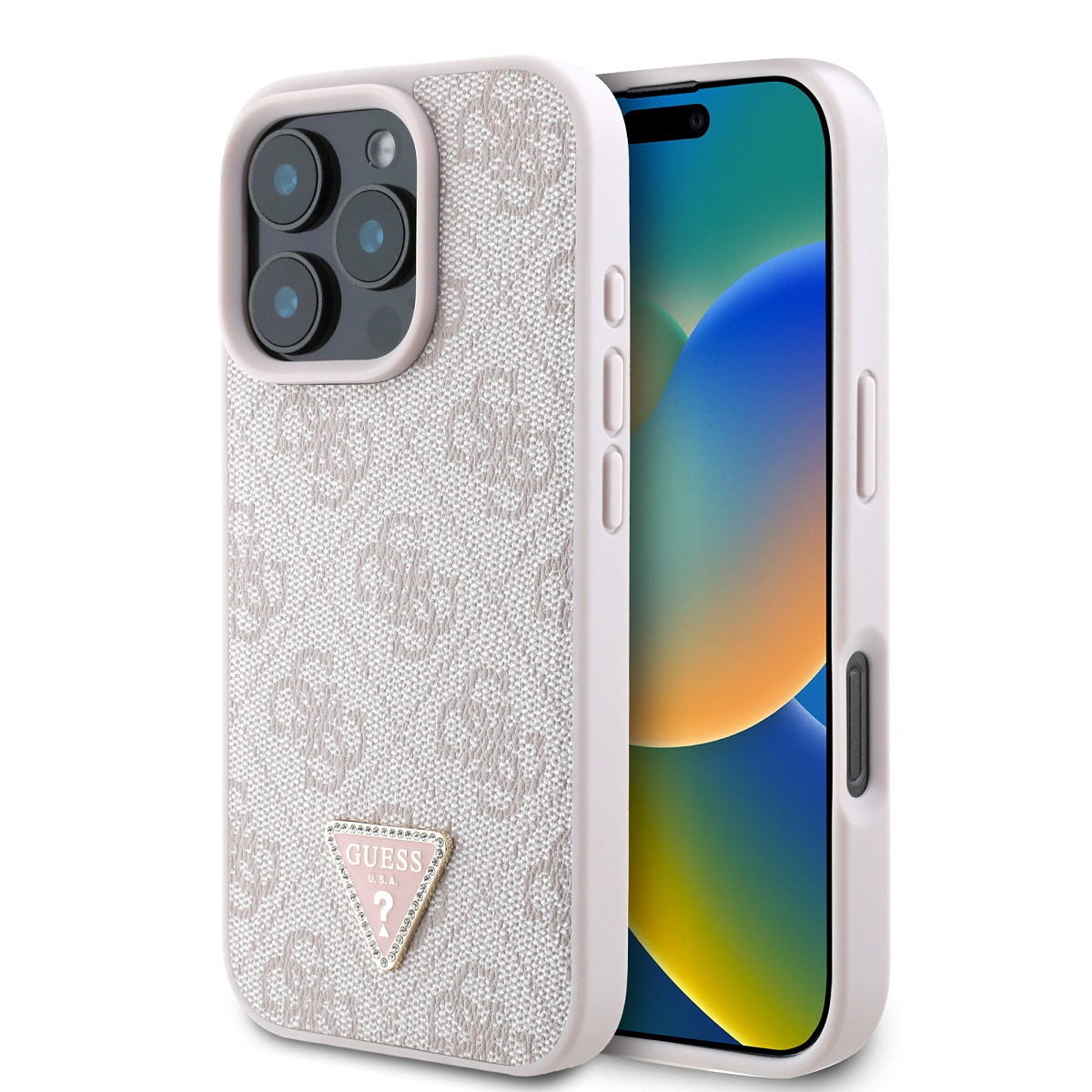 GUESS Калъф Apple iPhone 16 Pro, PU 4G Strass Triangle Metal Logo, розов - GUHCP16LP4TDPP