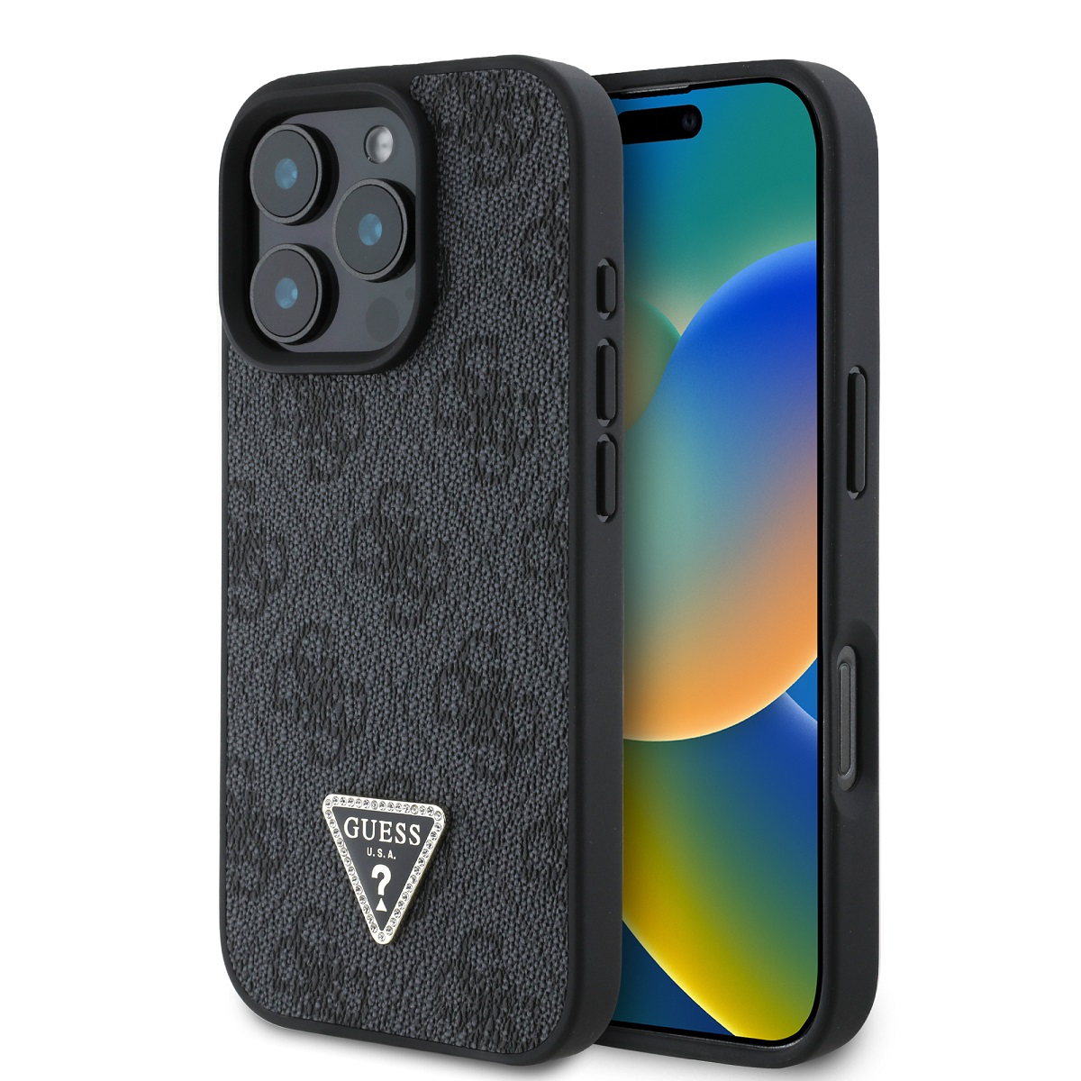 GUESS Калъф Apple iPhone 16 Pro Max, PU 4G Strass Triangle Metal Logo, черен - GUHCP16XP4TDPK