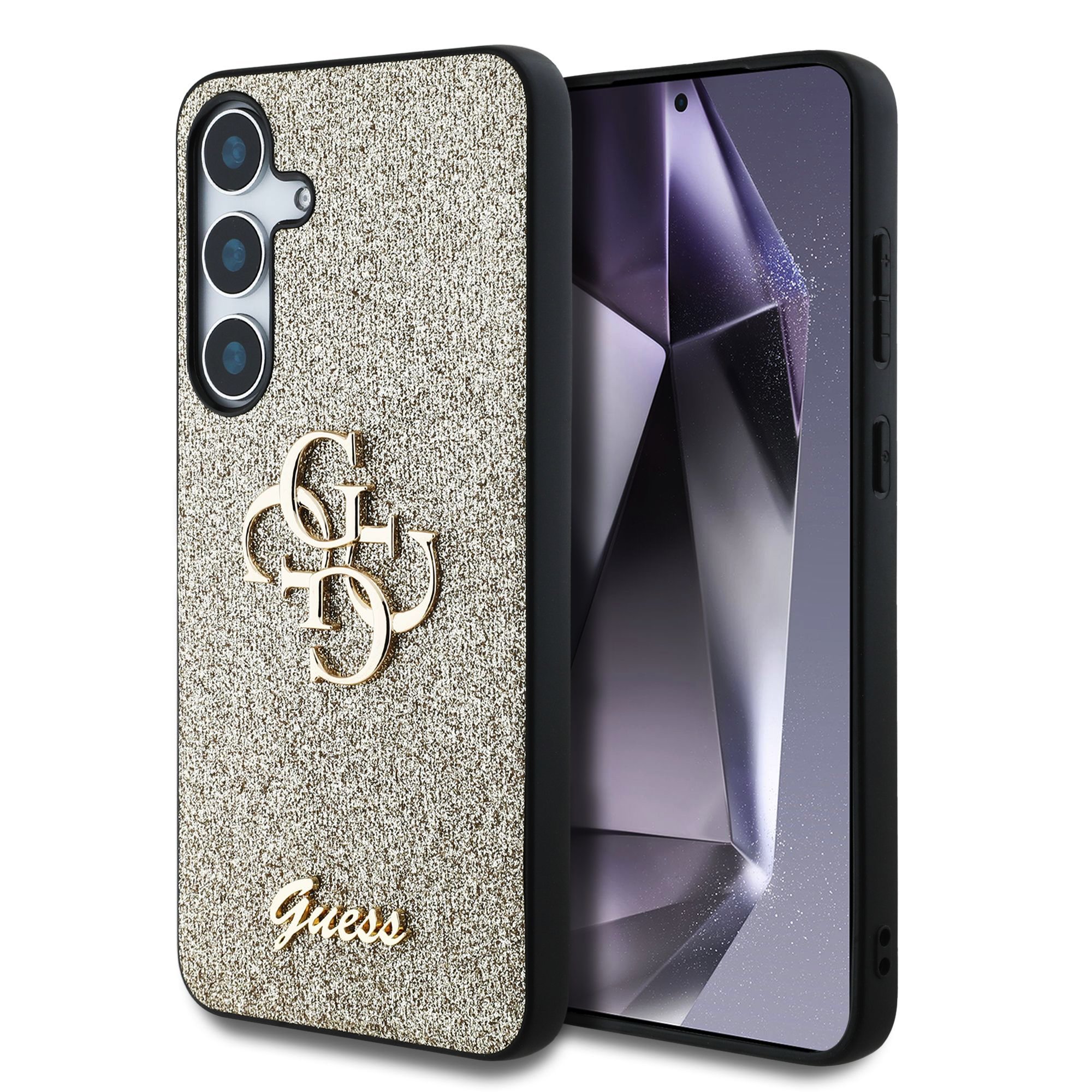 GUESS Калъф Samsung S25, PU Fixed Glitter 4G Metal Logo, златен - GUHCS25SHG4SGD