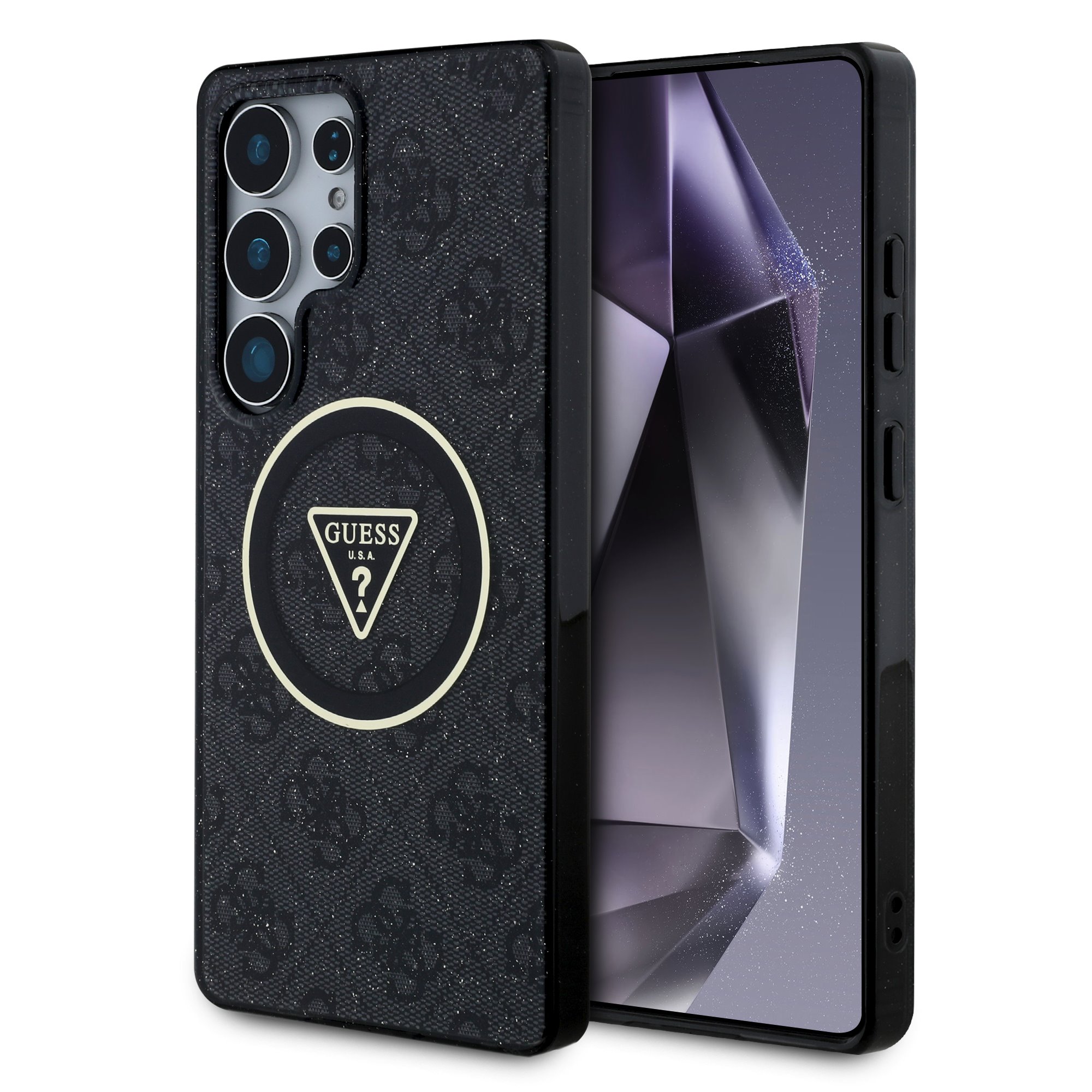 GUESS Калъф Samsung S25 Ultra, IML 4G Glitter and Triangle Logo MagSafe, черен - GUHMS25LHG4PRTGK
