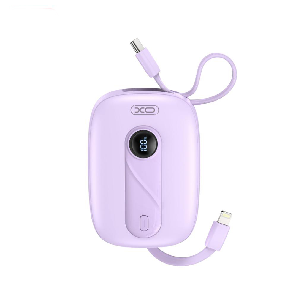 Power Bank 10000 mAh, XO, PR246, 20W PD, 22.5W QC + Digital display + вградени кабели: Type-C и Lightning /лилав/