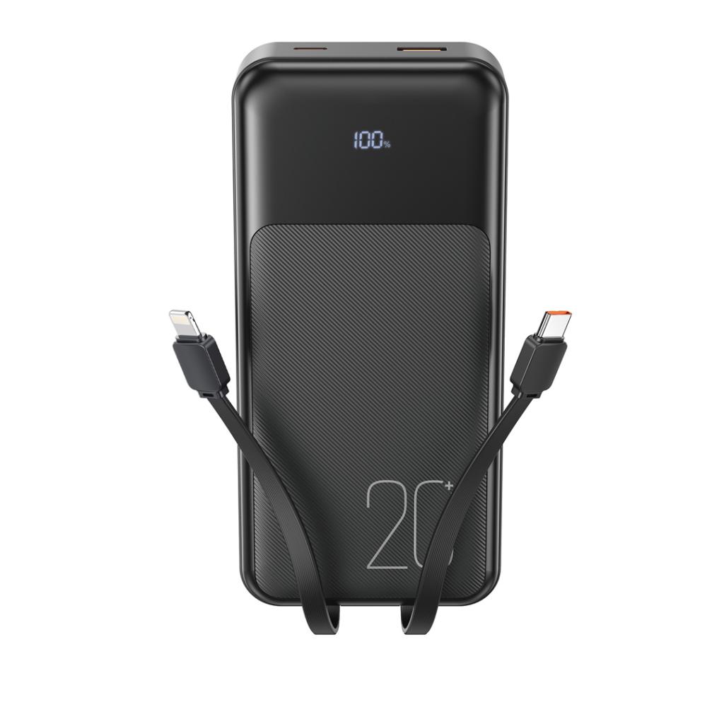 Power Bank 20000 mAh, XO, PR249, 20W PD, 22.5W QC + Digital display + вградени кабели: Type-C и Lightning /черен/