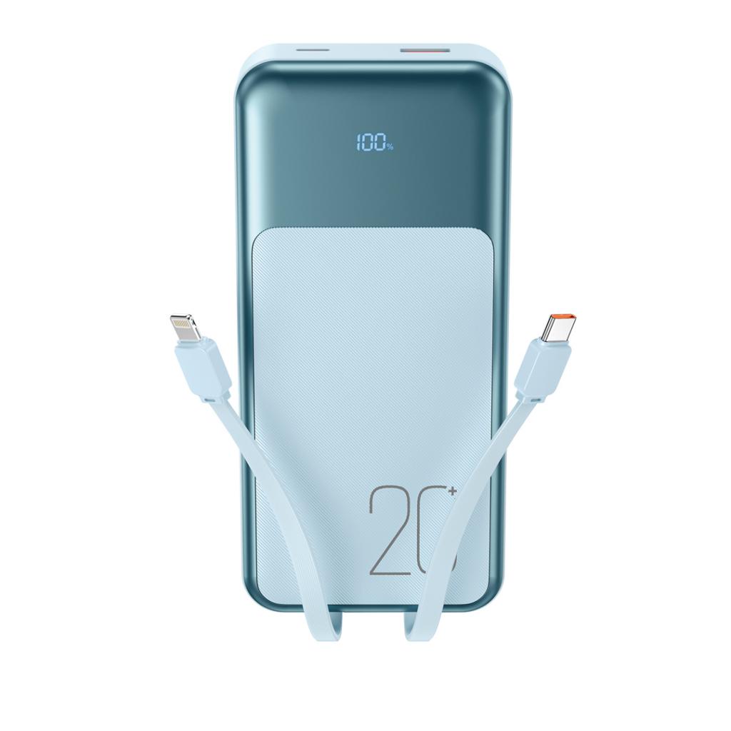 Power Bank 20000 mAh, XO, PR249, 20W PD, 22.5W QC + Digital display + вградени кабели: Type-C и Lightning /син/