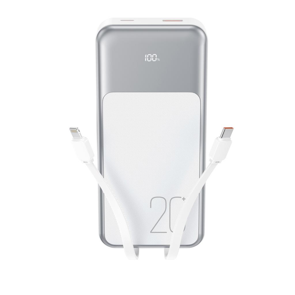 Power Bank 20000 mAh, XO, PR249, 20W PD, 22.5W QC + Digital display + вградени кабели: Type-C и Lightning /бял/