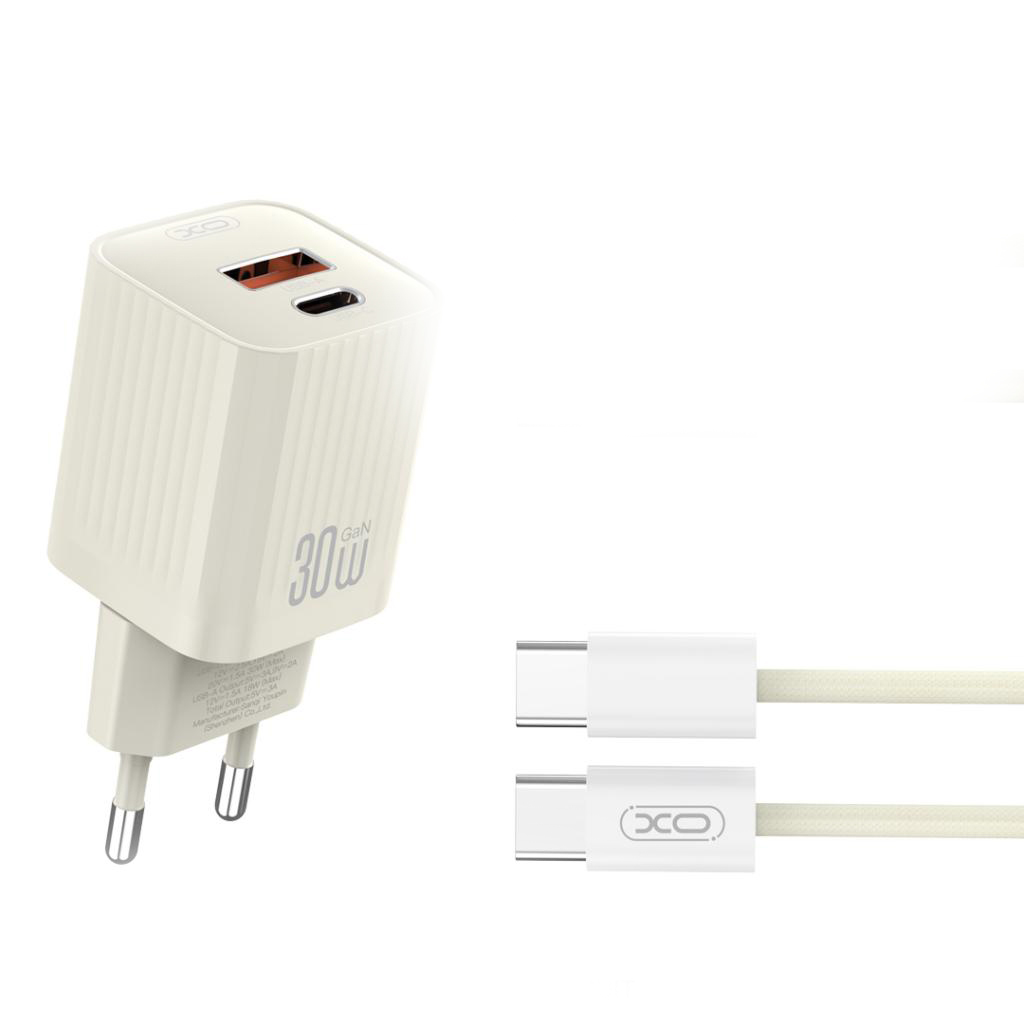 XO 220V 30W, USB-C + USB-A, кабел C-C, бежов - L149