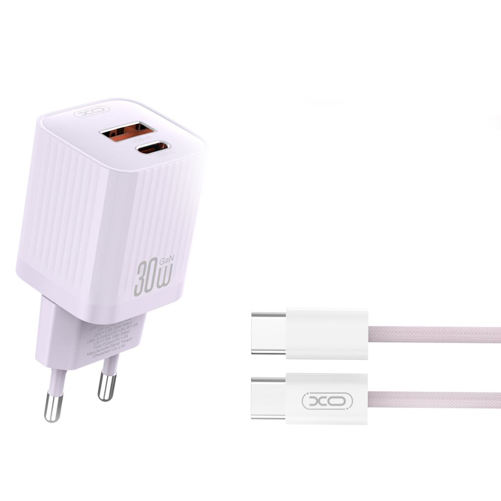 XO 220V 30W, USB-C + USB-A, + кабел C-C, лилав - L149