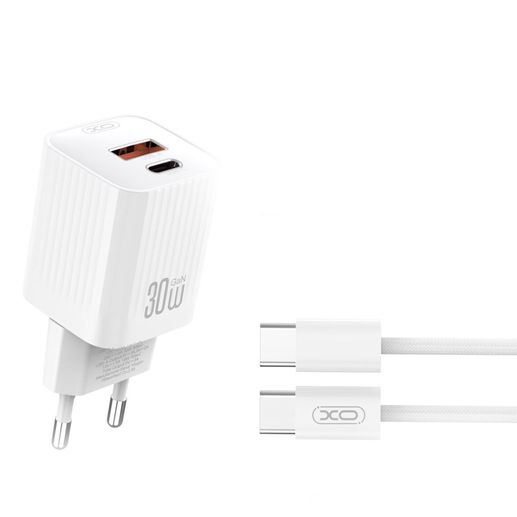 XO 220V 30W, USB-C + USB-A, кабел C-C, бял - L149