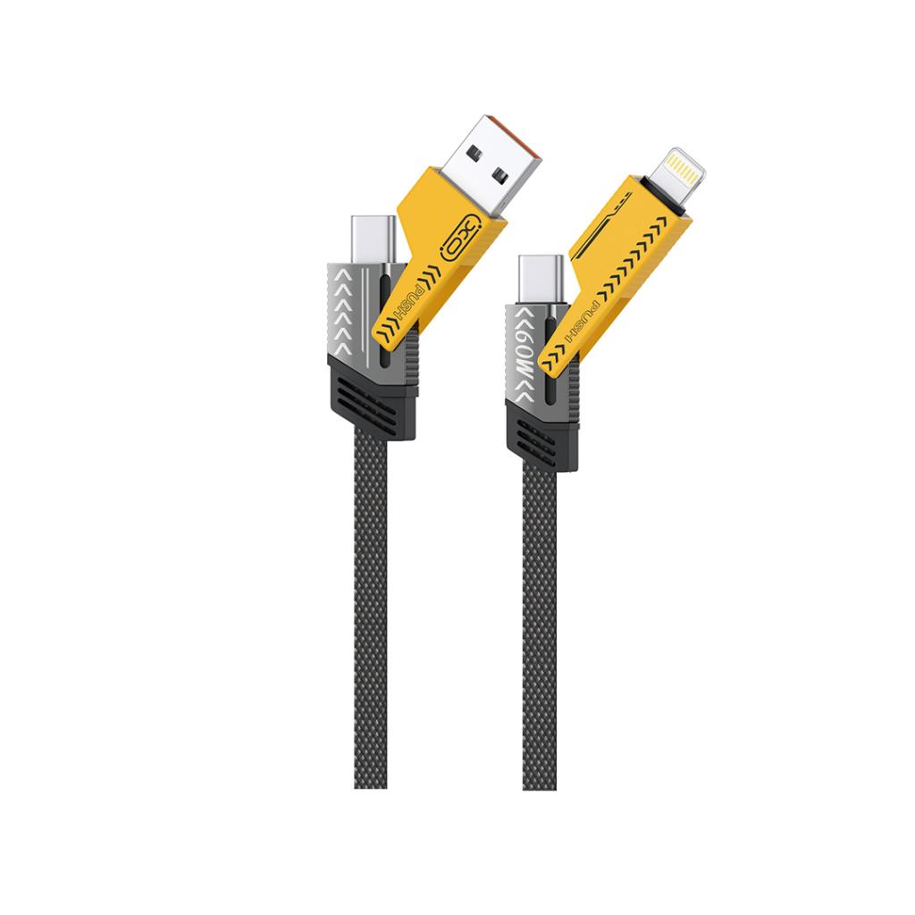 XO Кабел 4 в 1, USB-A+Type-C към Type-C+Lightning, 1м, 60W, NB283 /сив/