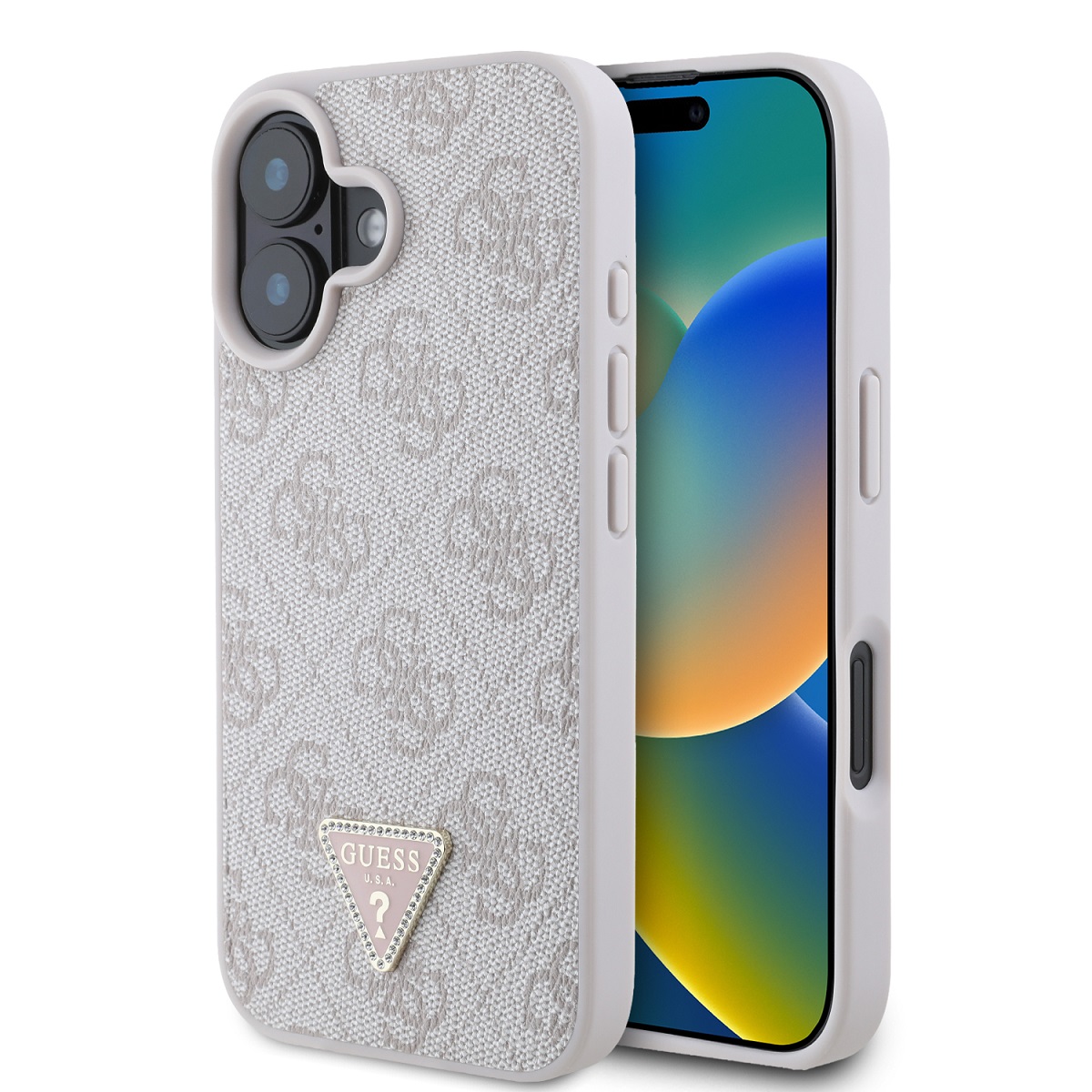 GUESS Калъф Apple iPhone 16, PU 4G Strass Triangle Metal Logo, розов - GUHCP16SP4TDPP