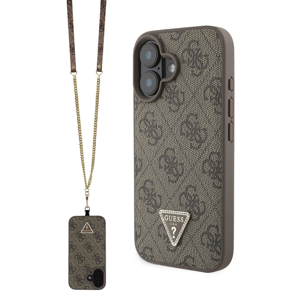 GUESS Калъф Apple iPhone 16, PU 4G Strass Triangle Metal Logo Case + Crossbody Strap, кафяв - GUHCP16SP4TDSCPW
