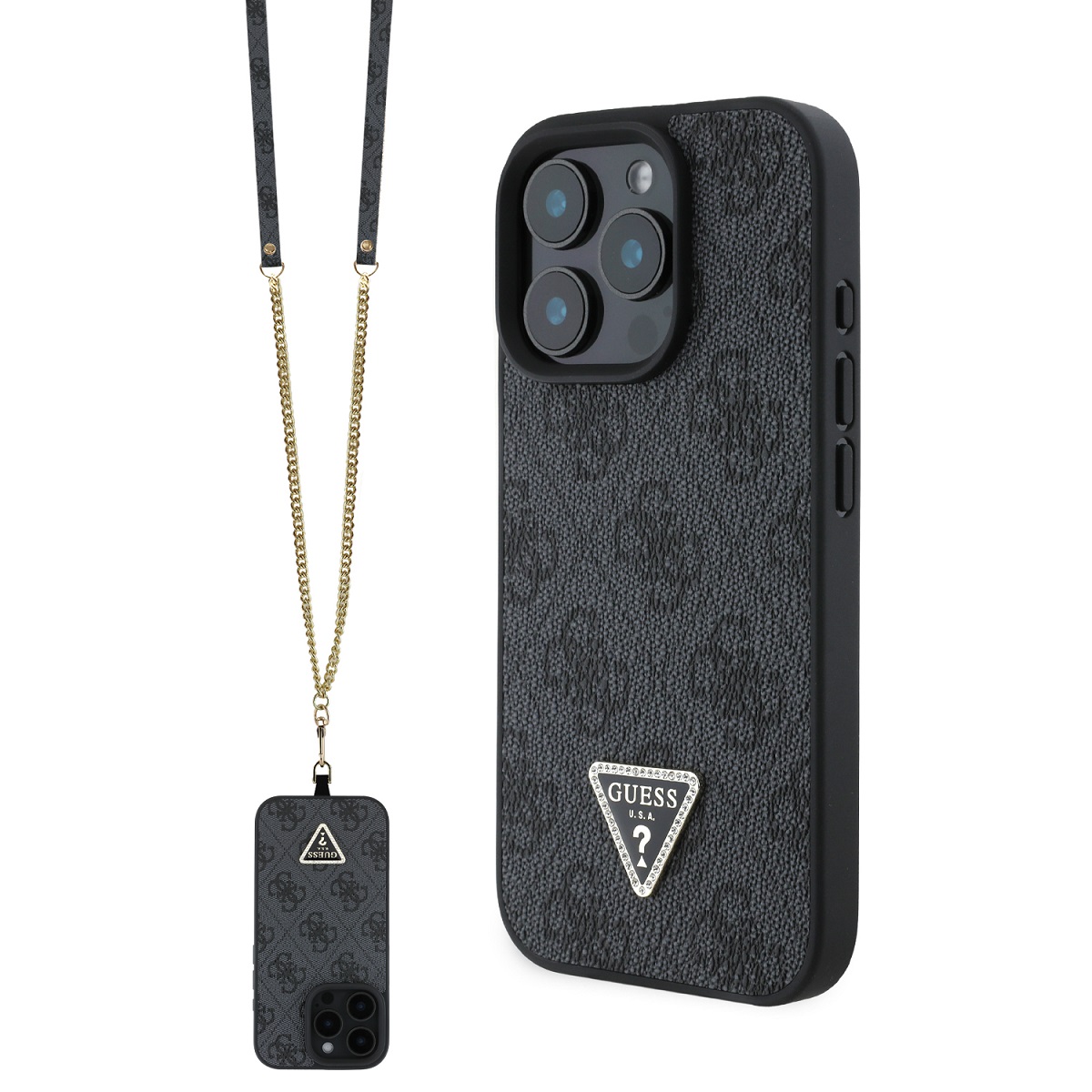 GUESS Case Apple iPhone 16 Pro Max, PU 4G Strass Triangle Metal Logo Case + Crossbody Strap, black - GUHCP16XP4TDSCPK