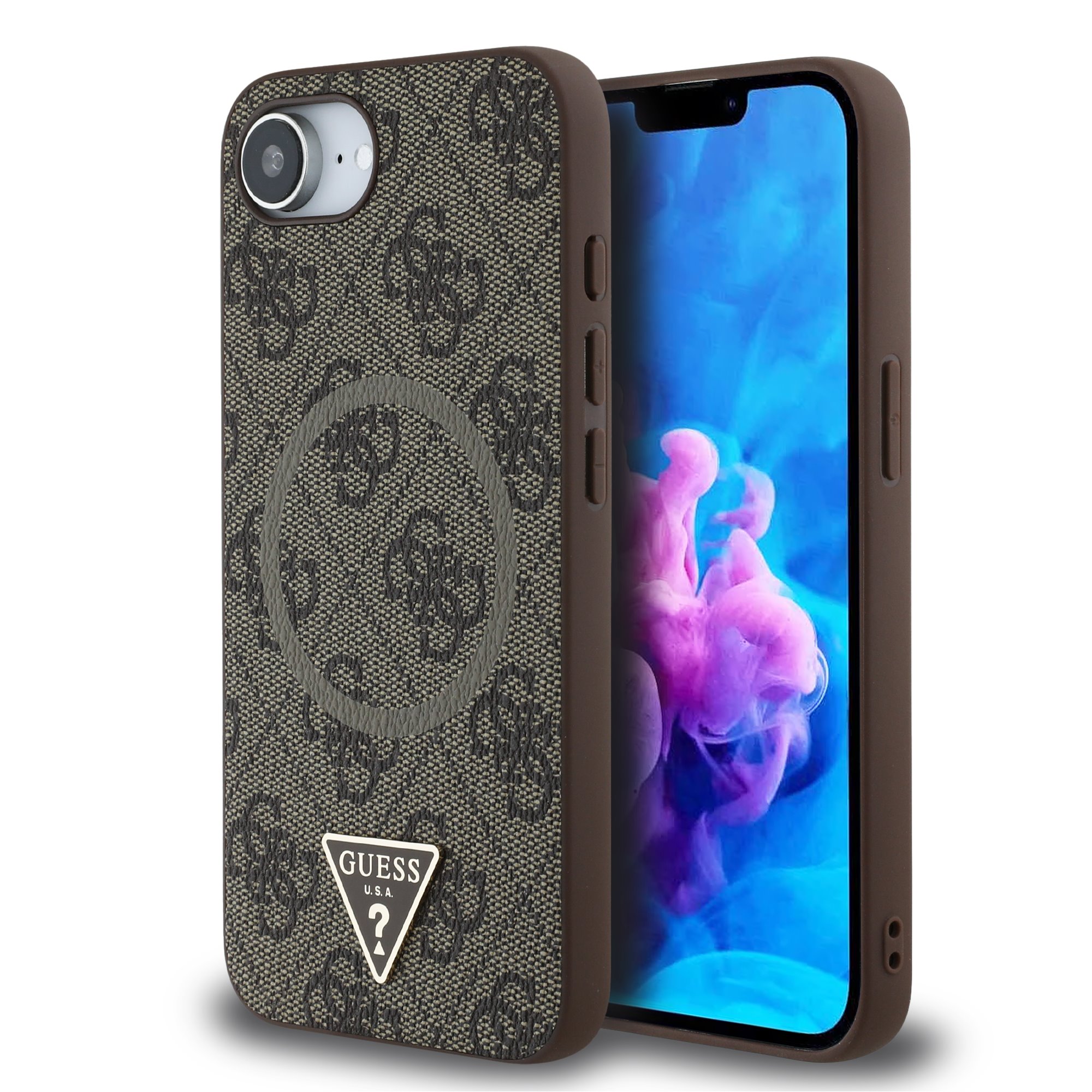 GUESS Калъф Apple iPhone 16e, PU 4G Strass Triangle Metal Logo, кафяв - GUHMPSE4P4TDPW