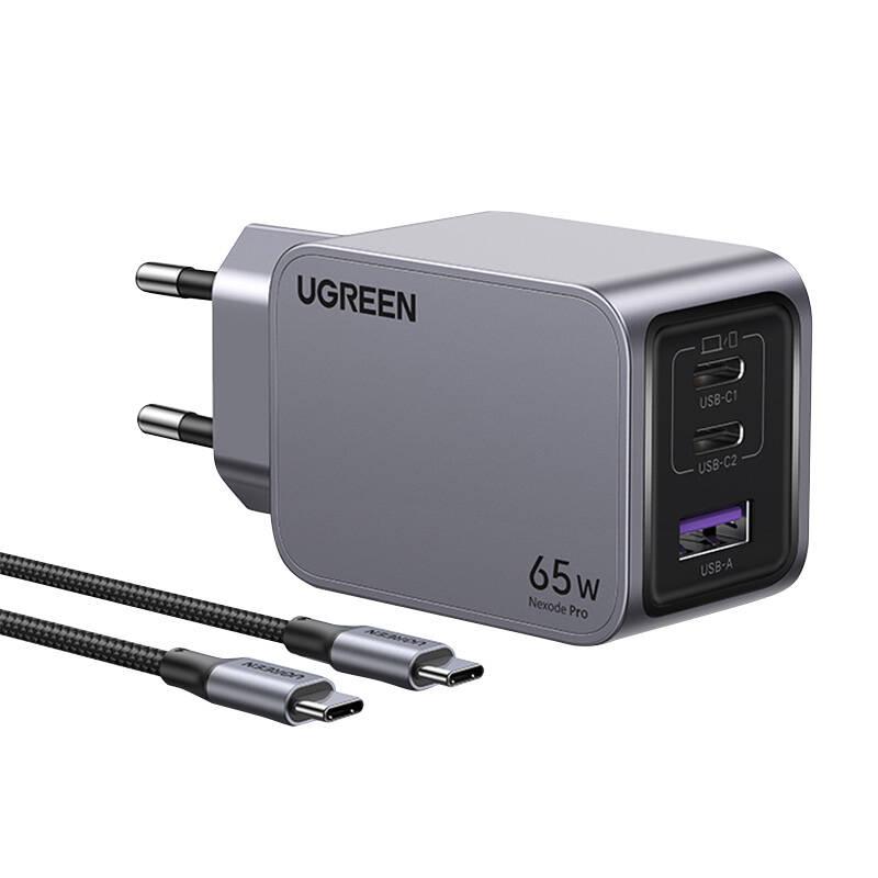 UGREEN 220V 65W, USB-A, 2xUSB-C + кабел C-C, Nexode Pro GaN, графит - X755/25871