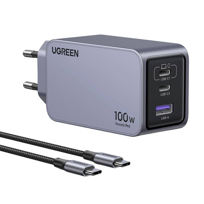 UGREEN 220V 100W, USB-A, 2xUSB-C + кабел C-C, Nexode Pro GaN, графит - X757/25874