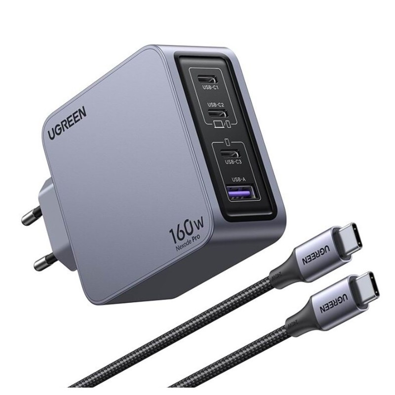 UGREEN 220V 160W, USB-A, 3xUSB-C + кабел C-C, Nexode Pro GaN, графит - X763/25877