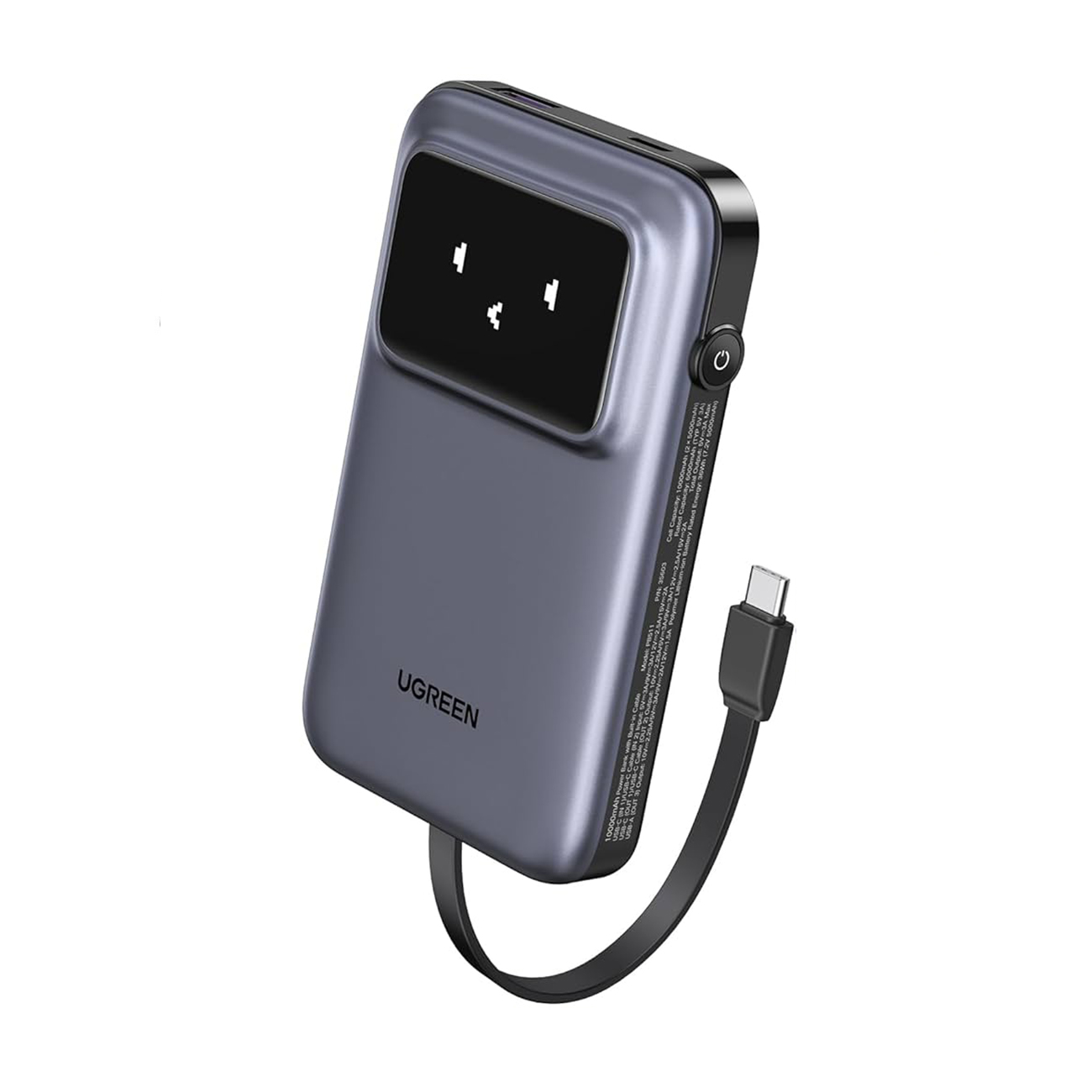 UGREEN Power Bank 10000 mAh 30W, вграден кабел Type-C, графит - PB511/35603B