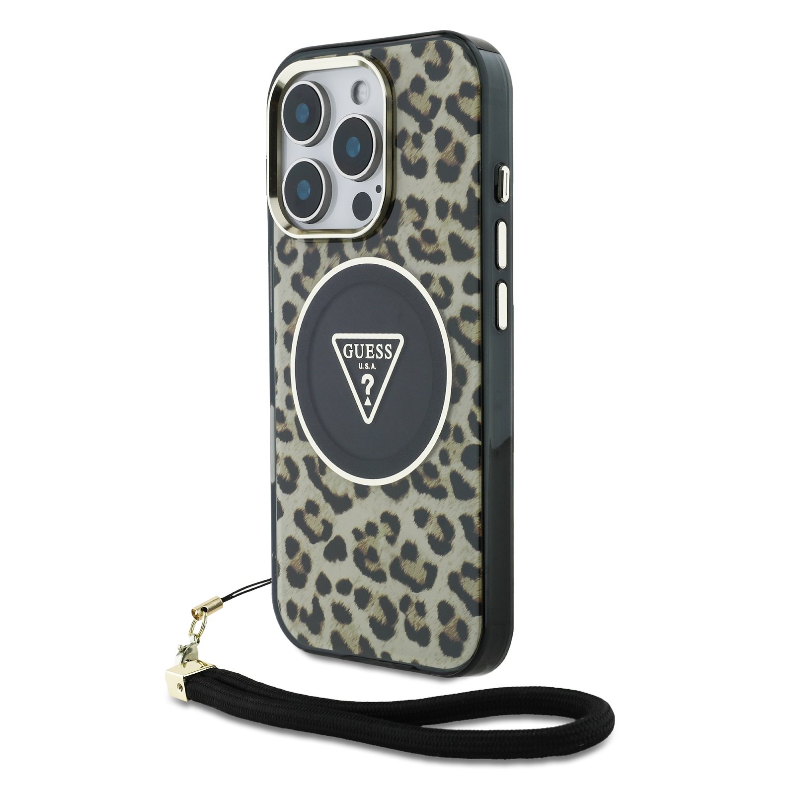 GUESS Калъф Apple iPhone 16 Pro Max, IML Leopard Triangle Logo Strap MagSafe, кафяв - GUHMP16XHLORSSW