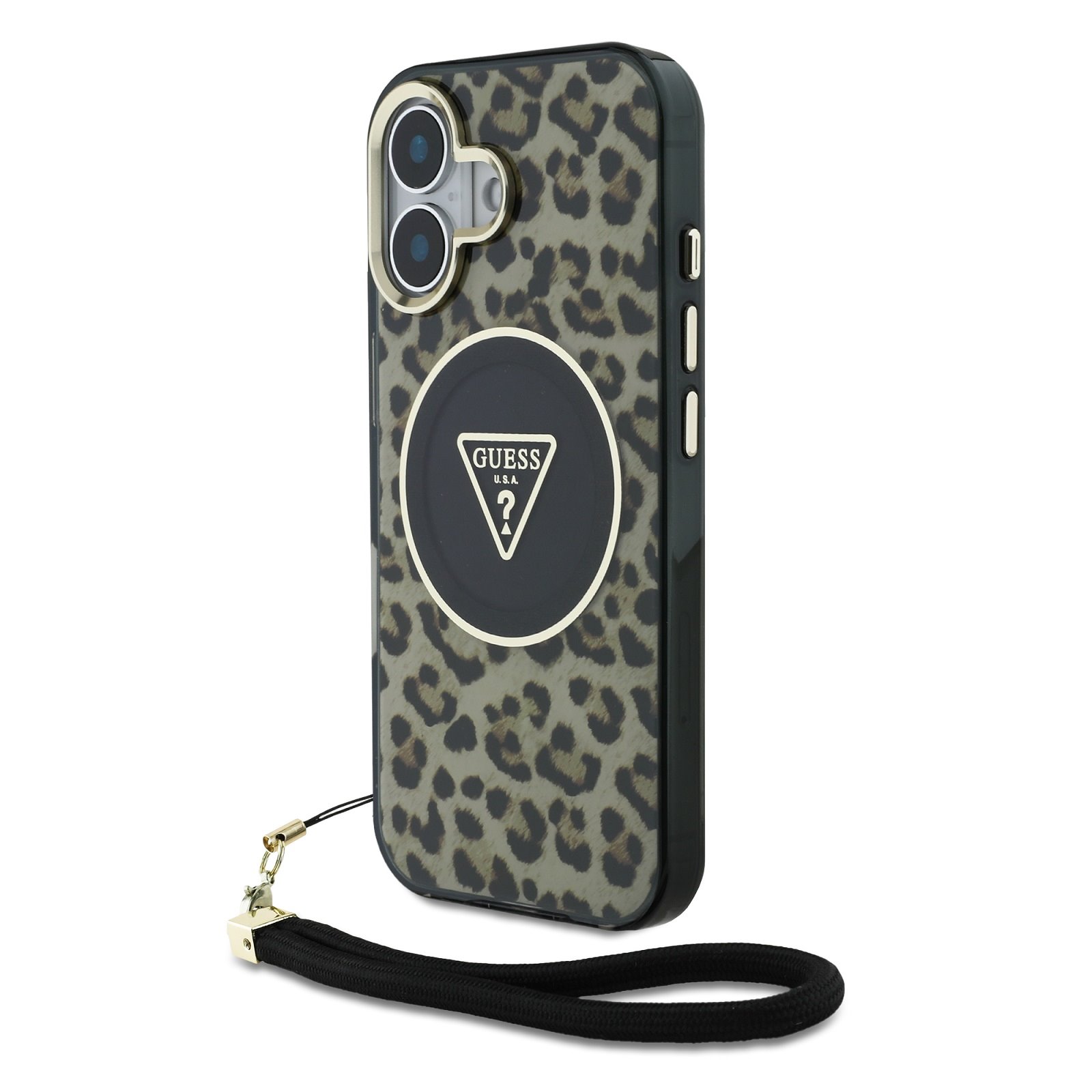 GUESS Калъф Apple iPhone 16, IML Leopard Triangle Logo Strap MagSafe, кафяв - GUHMP16SHLORSSW