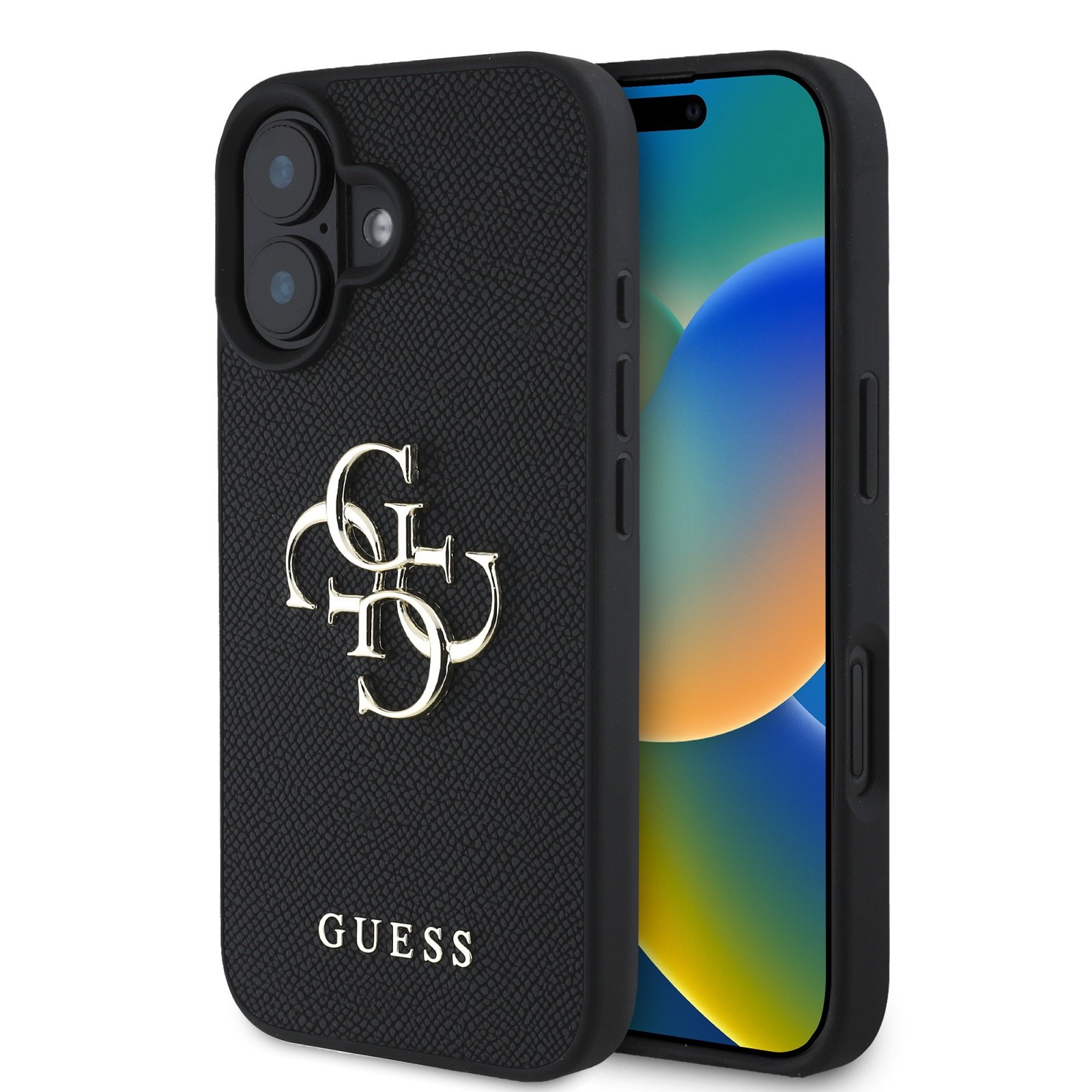 GUESS Калъф Apple iPhone 16, PU Grained 4G Metal Logo, черен - GUHCP16SPGT4MBK