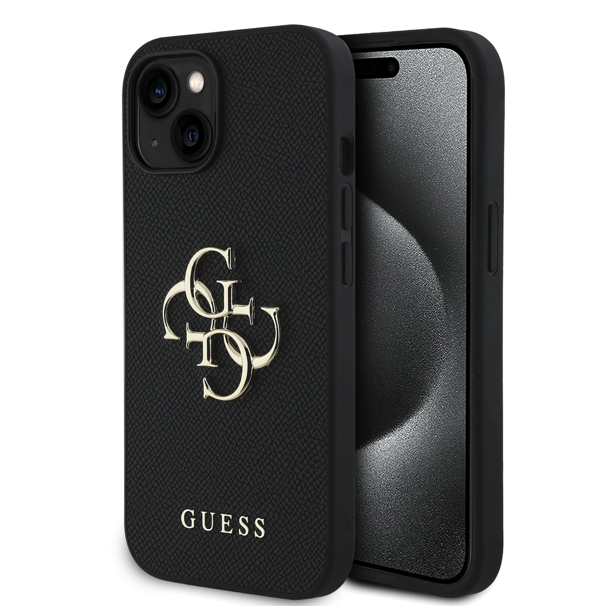 GUESS Калъф Apple iPhone 14, PU Grained 4G Metal Logo, черен - GUHCP14SPGT4MBK