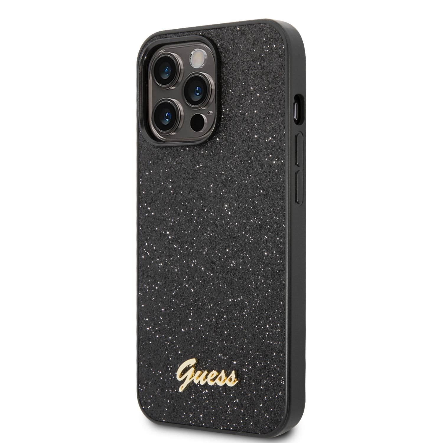 GUESS Калъф Apple iPhone 14 Pro Max, PC/TPU Glitter Flakes Metal Logo, черен - GUHCP14XHGGSHK