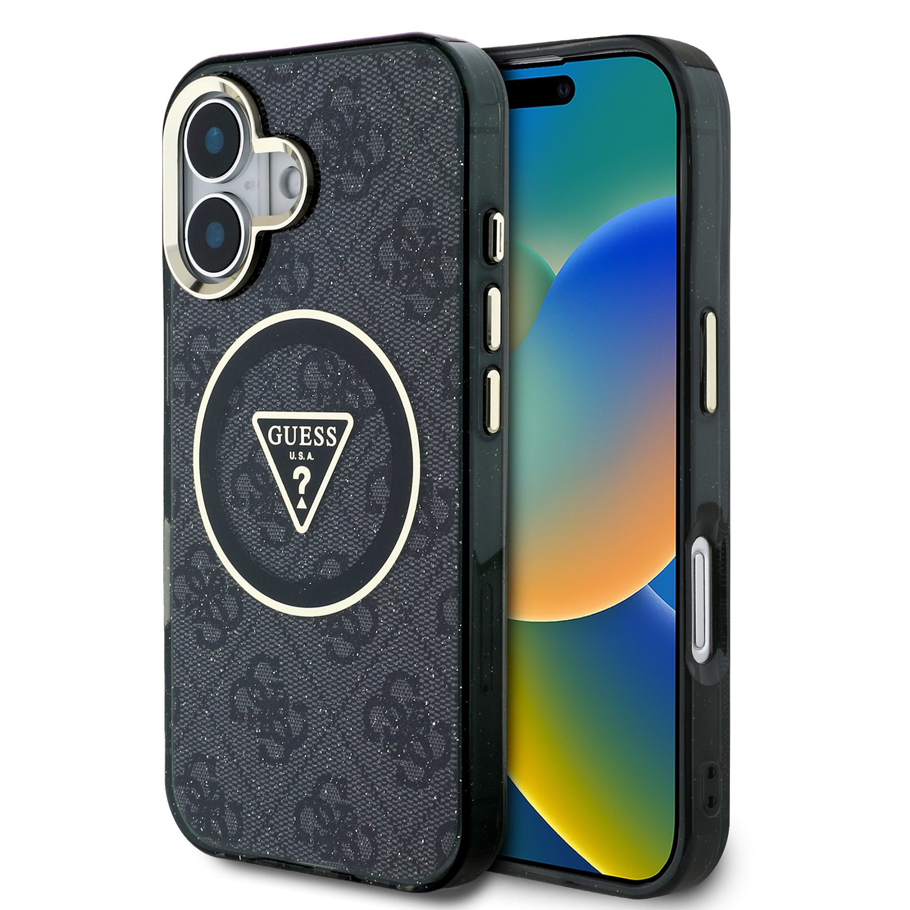 GUESS Калъф Apple iPhone 16, IML 4G Glitter and Triangle Logo MagSafe, черен - GUHMP16SHG4PRTGK