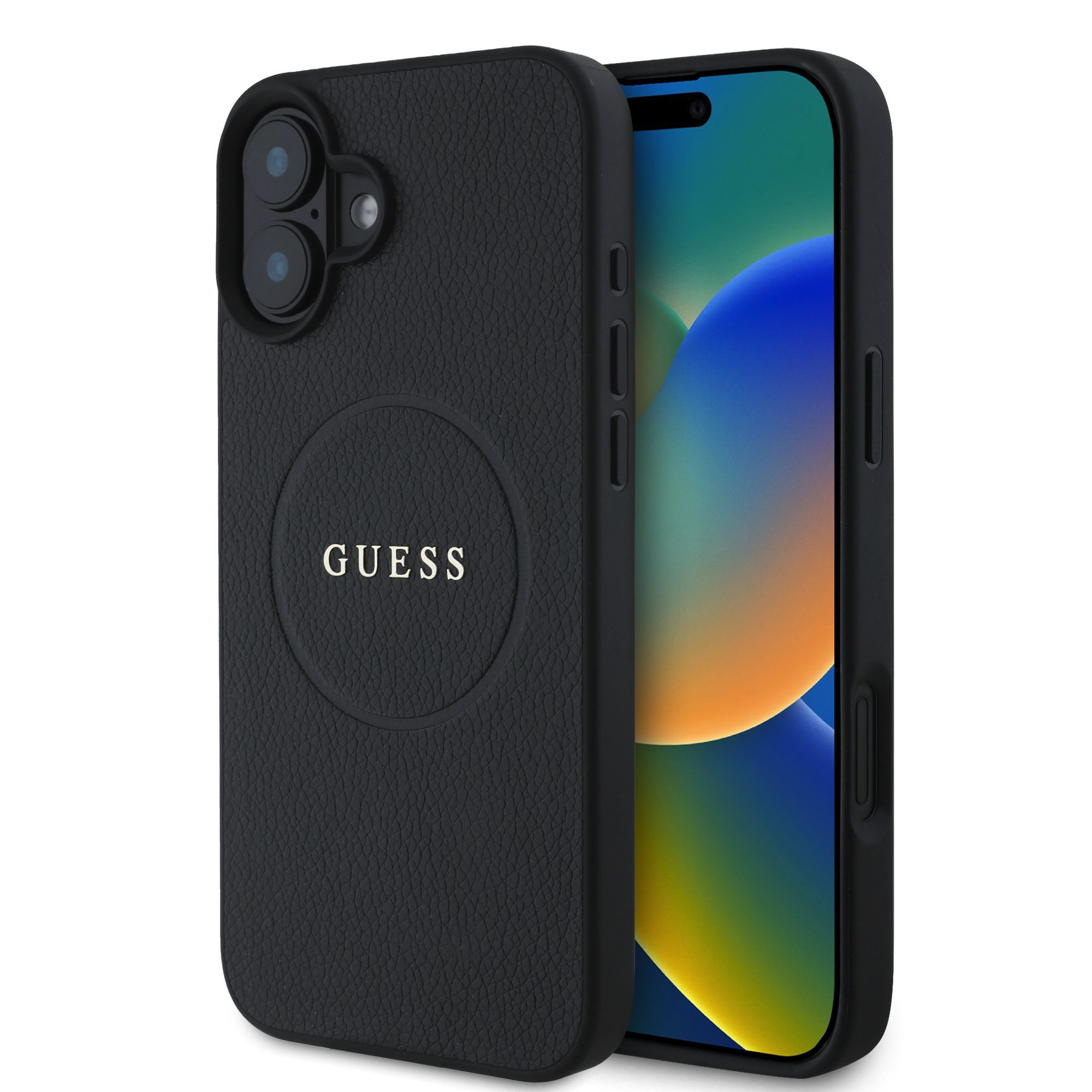 GUESS Калъф Apple iPhone 16, PU Grained Classic Logo MagSafe, черен - GUHMP16SPGHSMMK