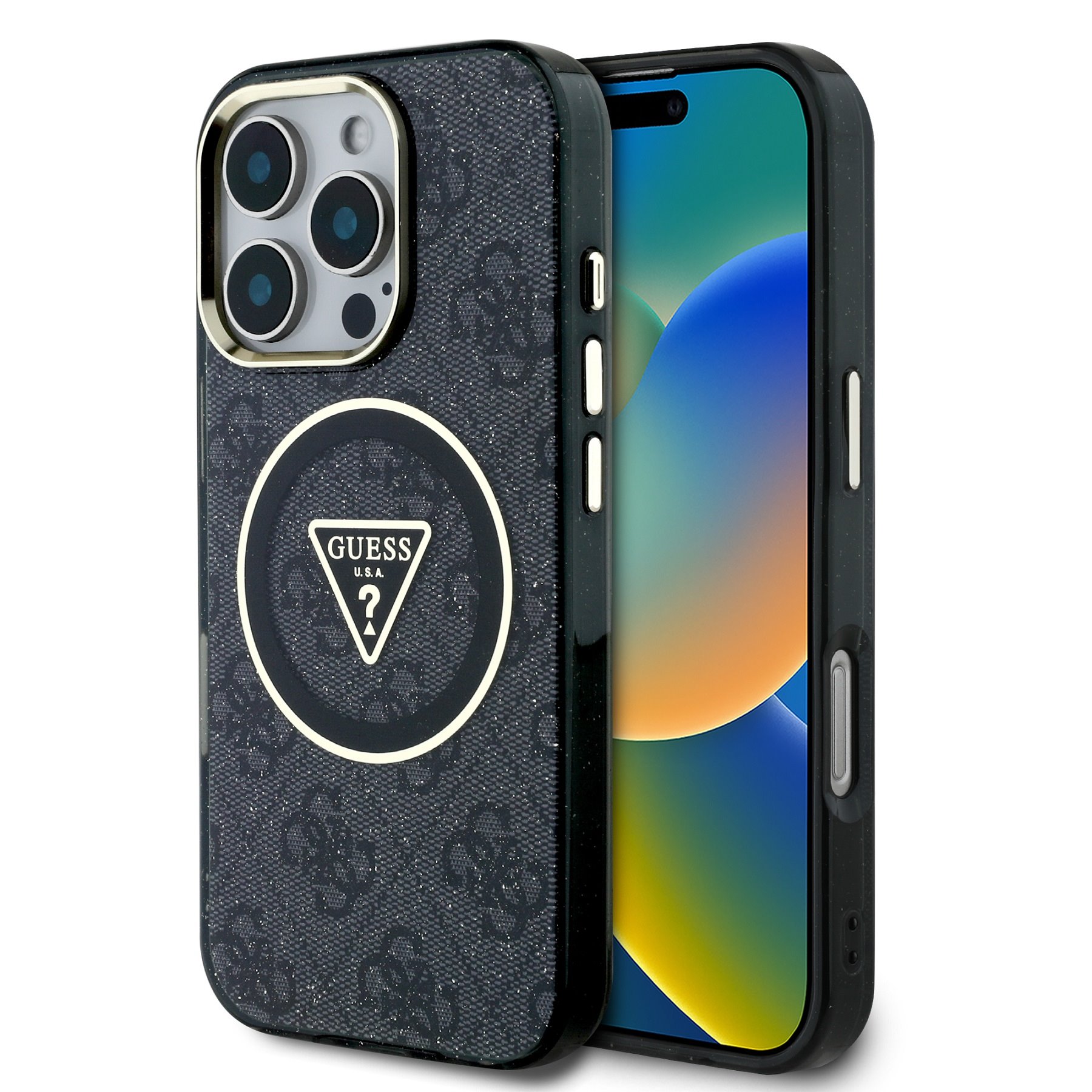 GUESS Case Apple iPhone 16 Pro Max, IML 4G Glitter and Triangle Logo MagSafe, black - GUHMP16XHG4PRTGK