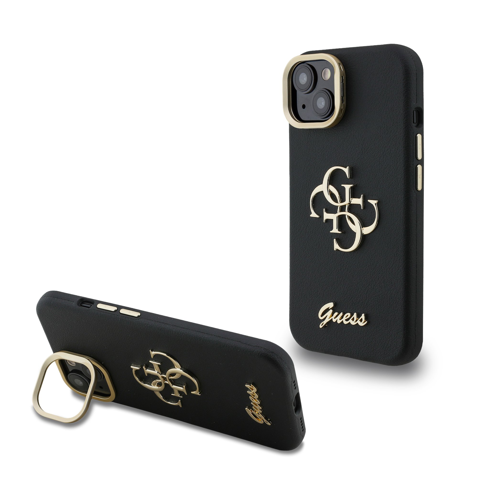 GUESS Калъф Apple iPhone 15, PU Grained 4G Logo Stand Camera Frame, черен - GUHCP15SPCS4GSK