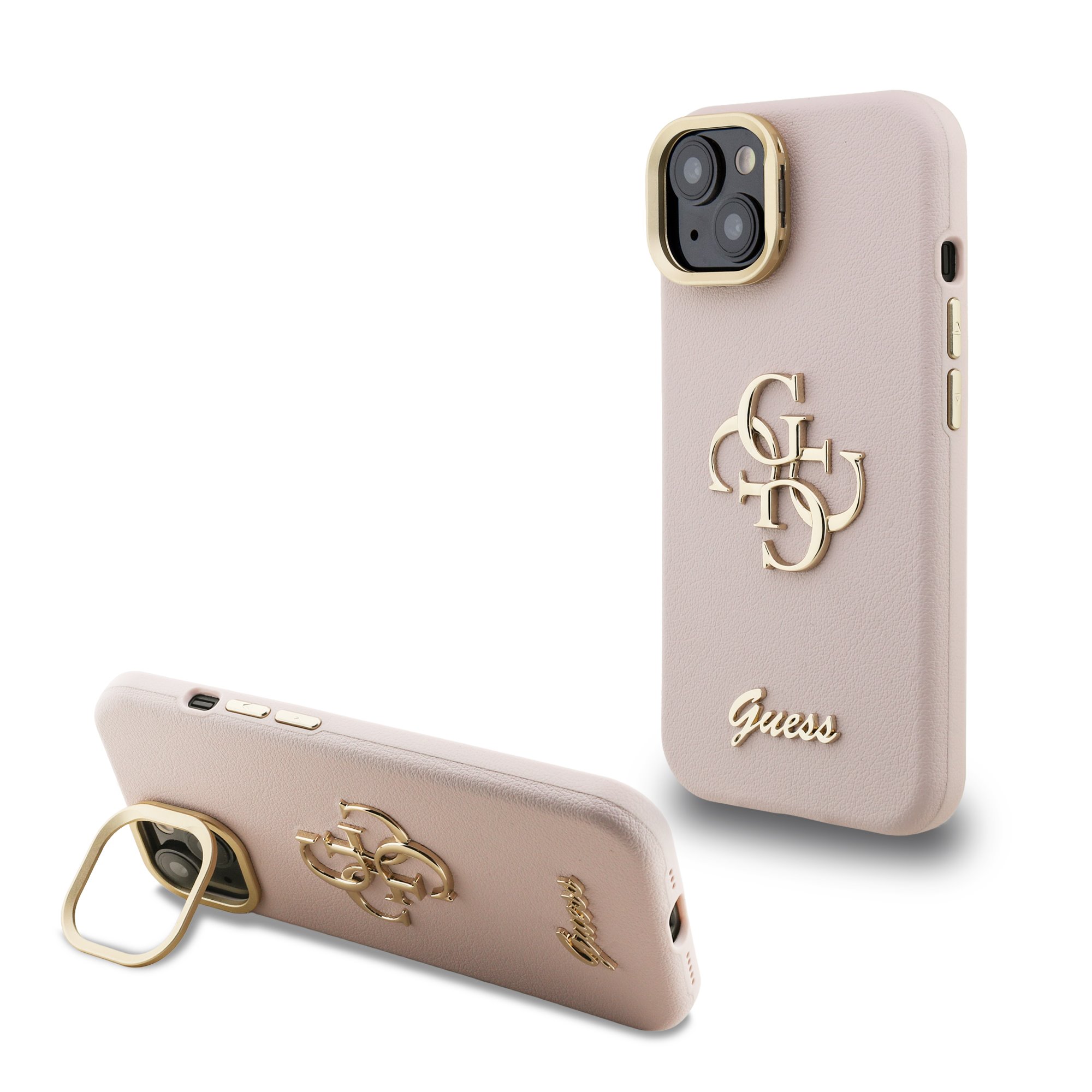 GUESS Калъф Apple iPhone 15, PU Grained 4G Logo Stand Camera Frame, розов - GUHCP15SPCS4GSP