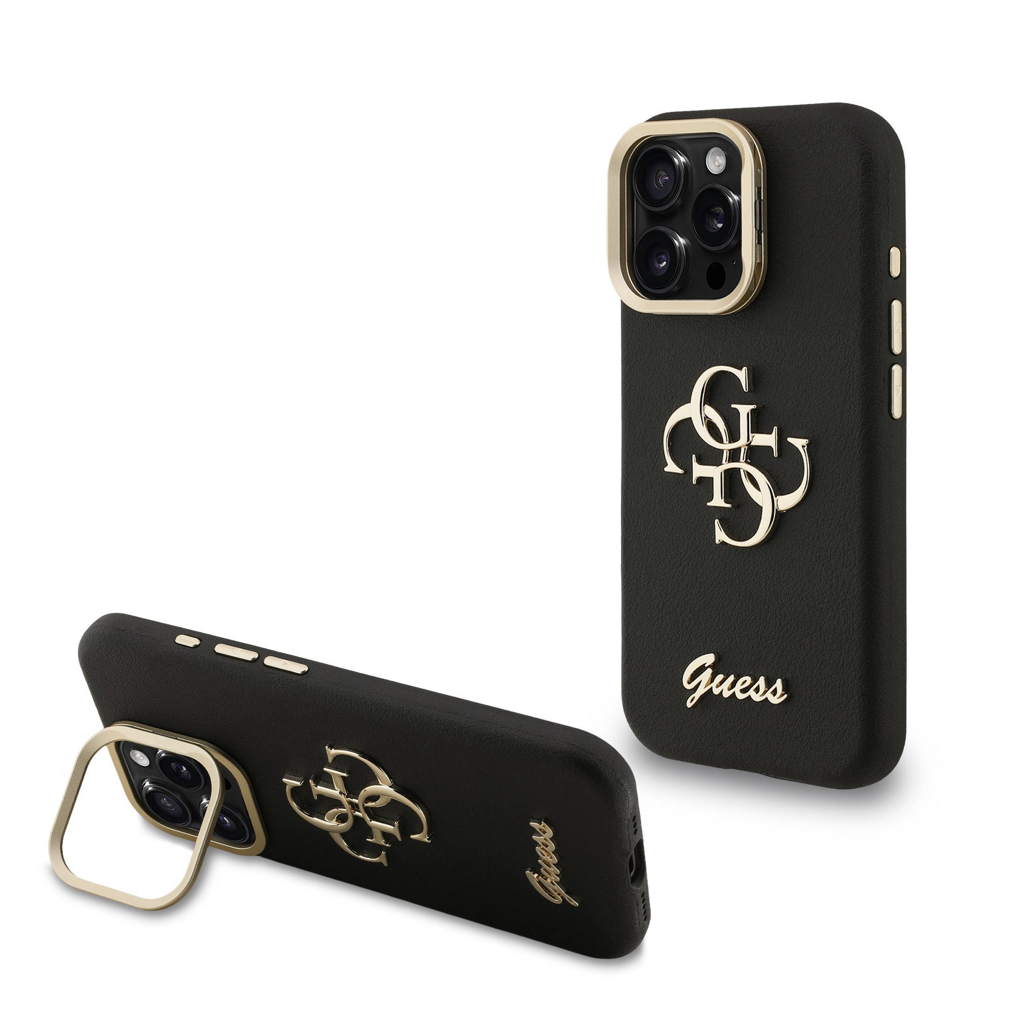 GUESS Калъф Apple iPhone 16 Pro Max, PU Grained 4G Logo Stand Camera Frame, черен - GUHCP16XPCS4GSK