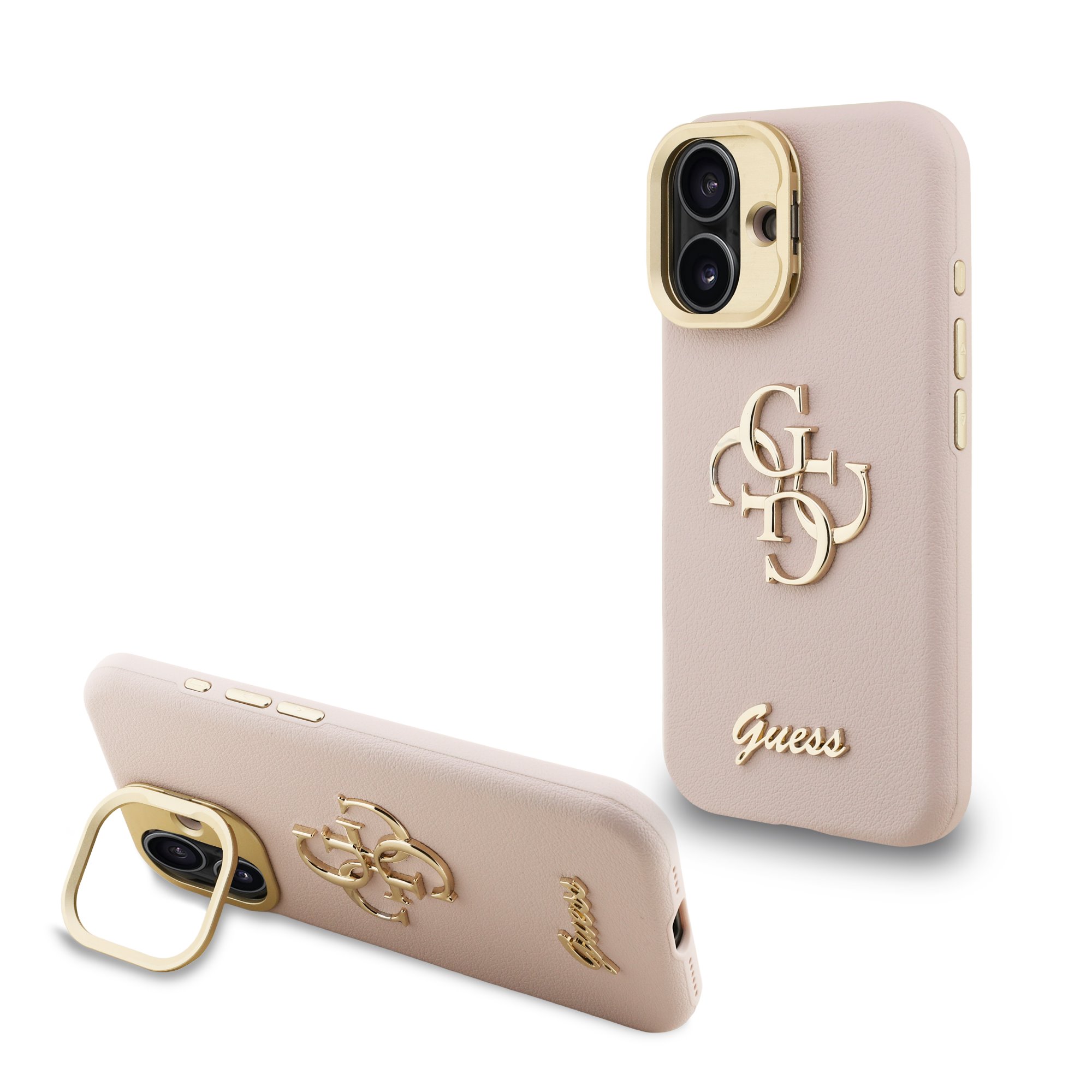GUESS Калъф Apple iPhone 16, PU Grained 4G Logo Stand Camera Frame, розов - GUHCP16SPCS4GSP