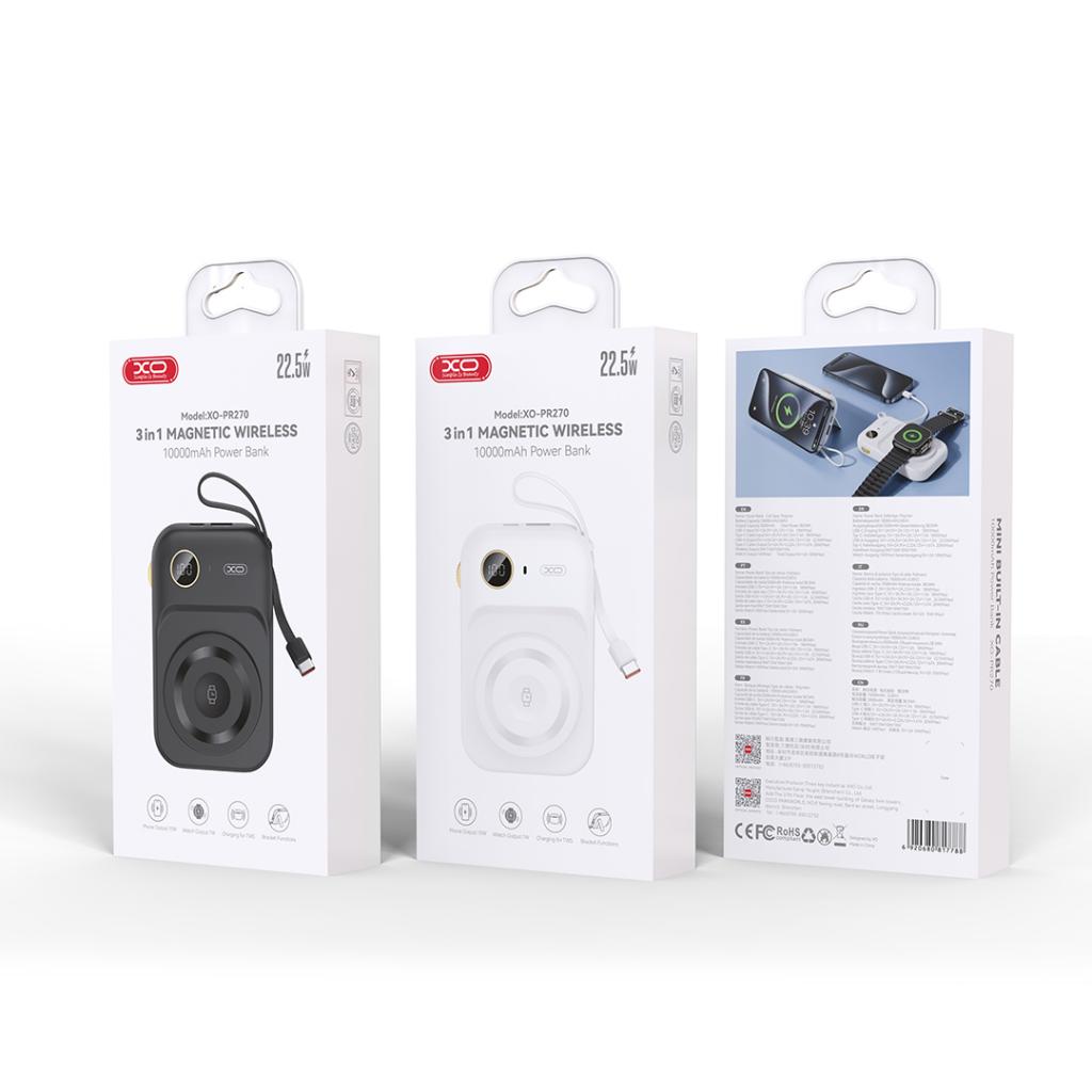 XO Power Bank 10000 mAh, 22.5W, MagSafe + стойка + кабел Type-C, PR270 /бял/