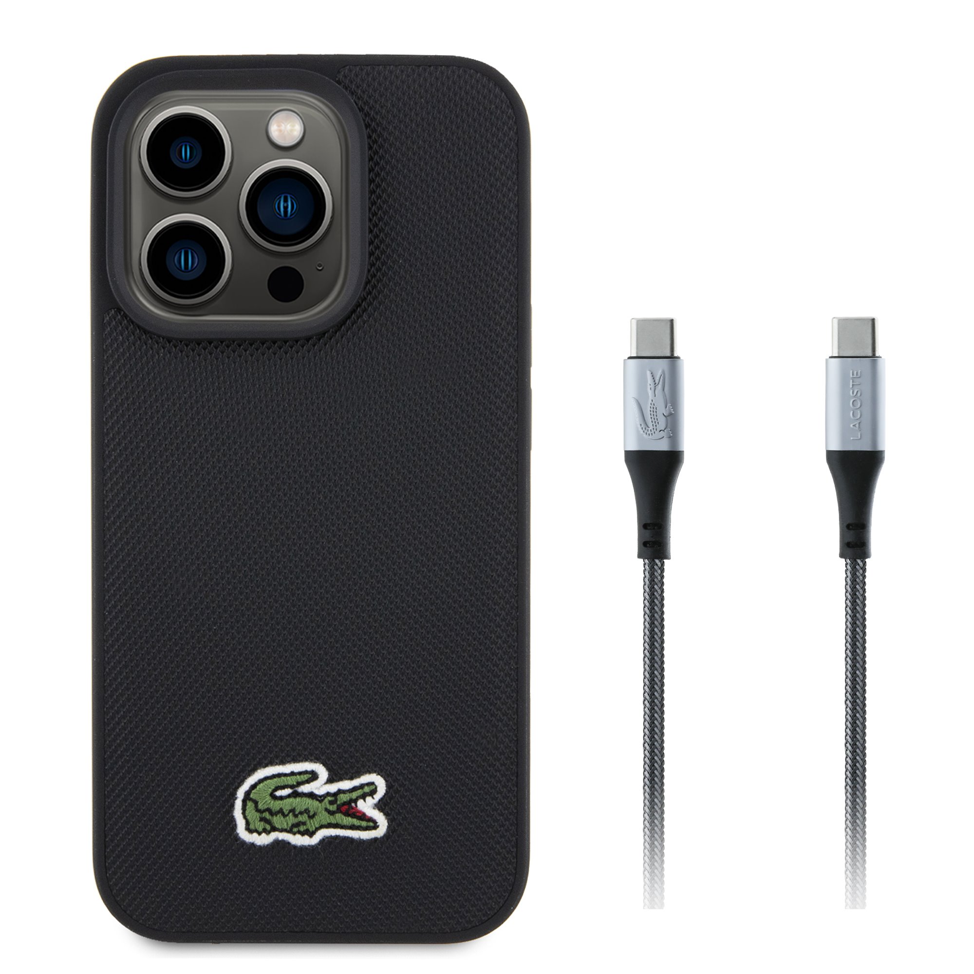 LACOSTE Комплект Калъф Apple iPhone 15 Pro, Iconic Petit Pique Woven Logo MagSafe + кабел C-C,черен - LCHMBCCP15LPVCK