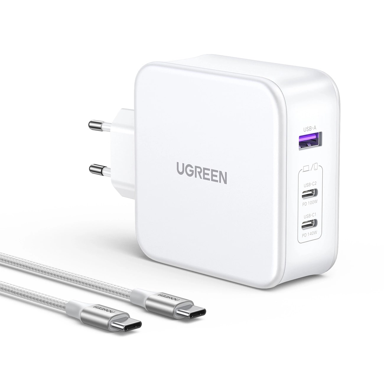 UGREEN 220V 140W, 1A + 2C, кабел C-C, Nexode GaN /бял/ - CD289 / 90549