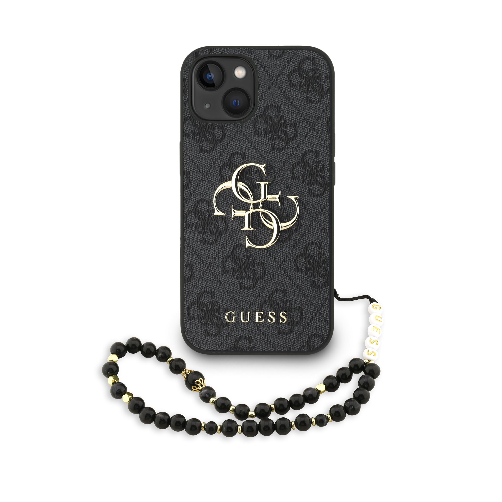GUESS Калъф Apple iPhone 15, PU 4G Metal Logo + Wrist Strap, черен - GUHCP15SP4GMGSK