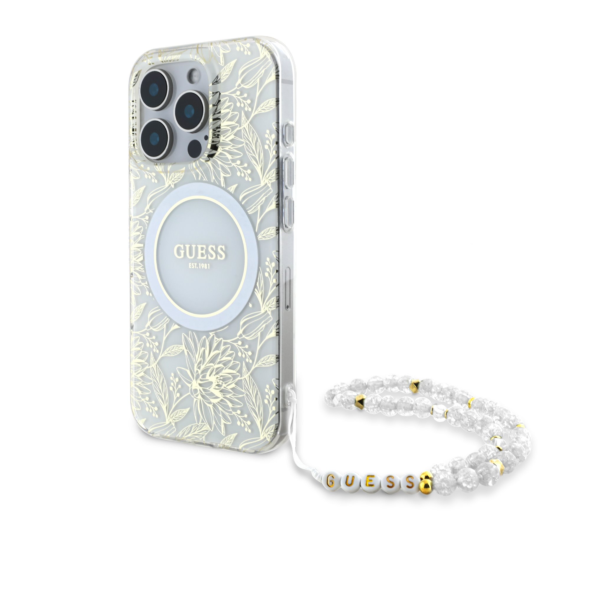 GUESS Калъф Apple iPhone 16 Pro Max, IML Flowers Allover MagSafe + Wrist Strap, бял - GUHMP16XHCPOFPH