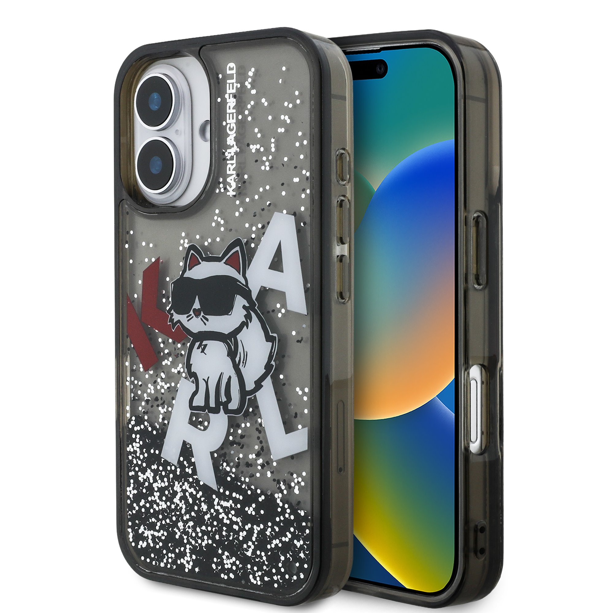 Karl Lagerfeld Калъф Apple iPhone 16, Liquid Glitter Scattered Choupette /черен/ - KLHCP16SLCHSCTDK