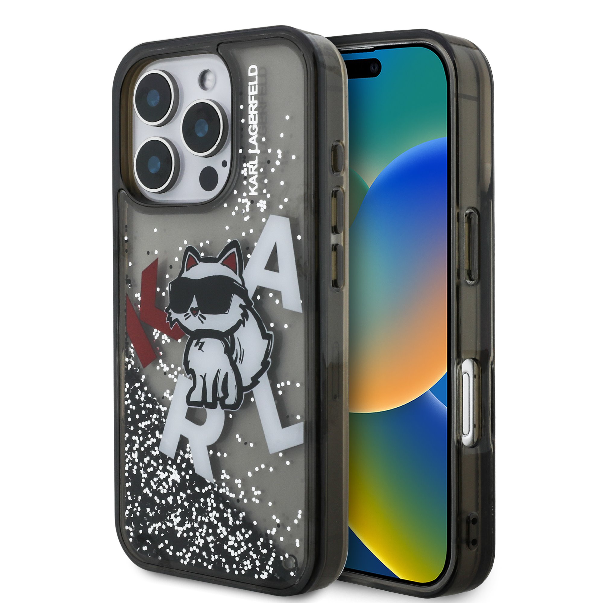 Karl Lagerfeld Калъф Apple iPhone 16 Pro Max, Liquid Glitter Scattered Choupette /черен/ - KLHCP16XLCHSCTDK