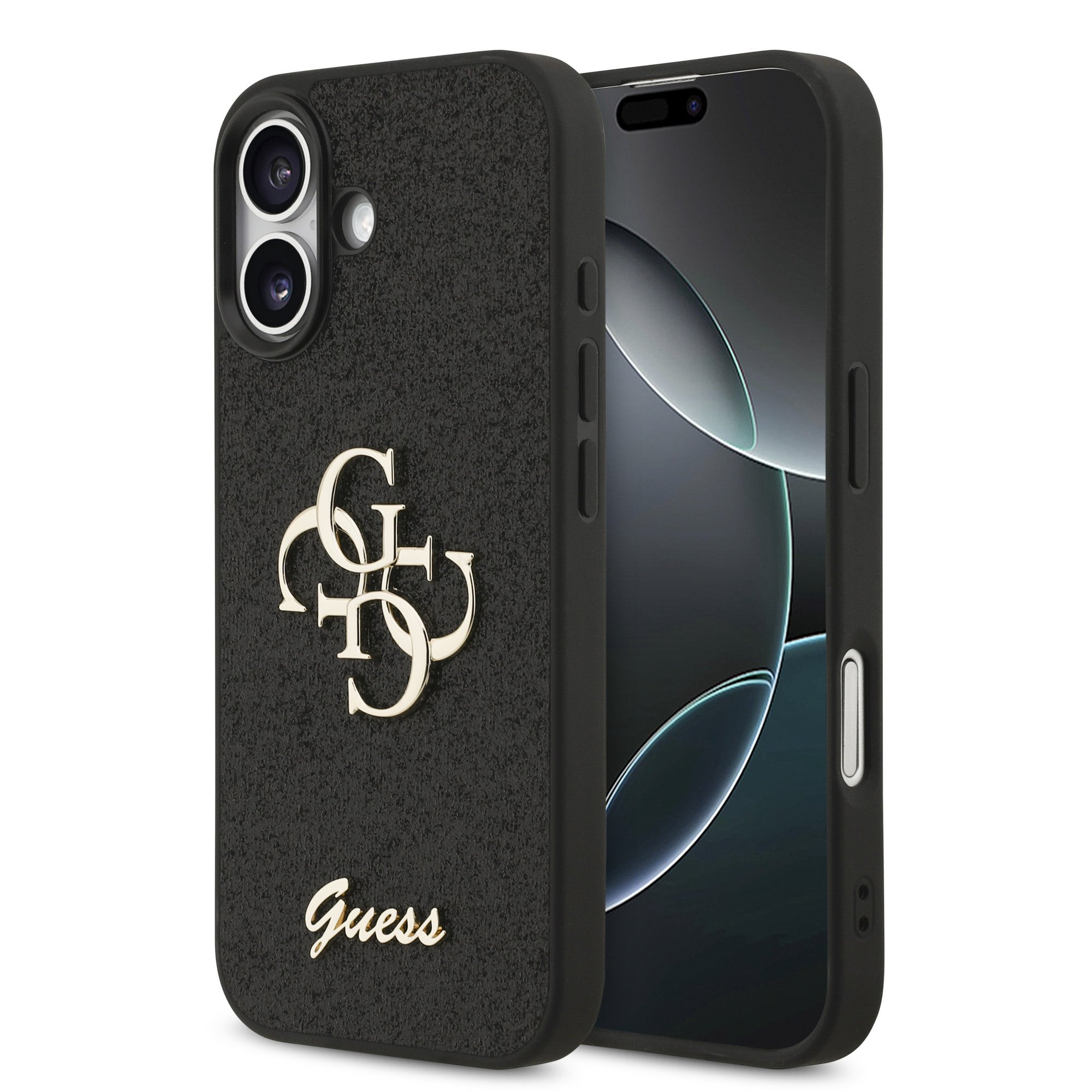 GUESS Калъф Apple iPhone 17, PU Fixed Glitter 4G Metal Logo, черен - GUHCP17SHG4SGK
