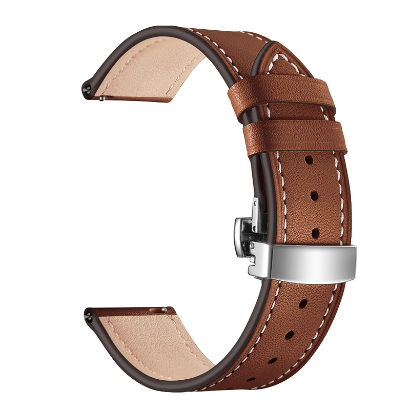 Каишка за Smart Watch 20мм, Leather Classic Buckle Strap, кожена /карамел + сребърна катарама/
