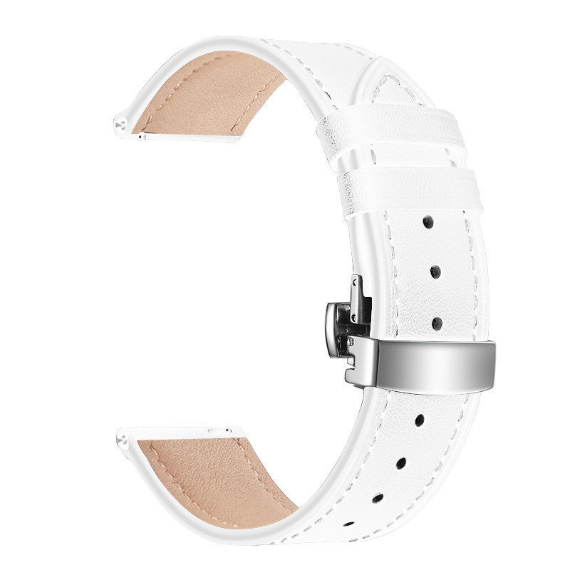 Каишка за Smart Watch 20мм, Leather Classic Buckle Strap, кожена /бяла + сребърна катарама/