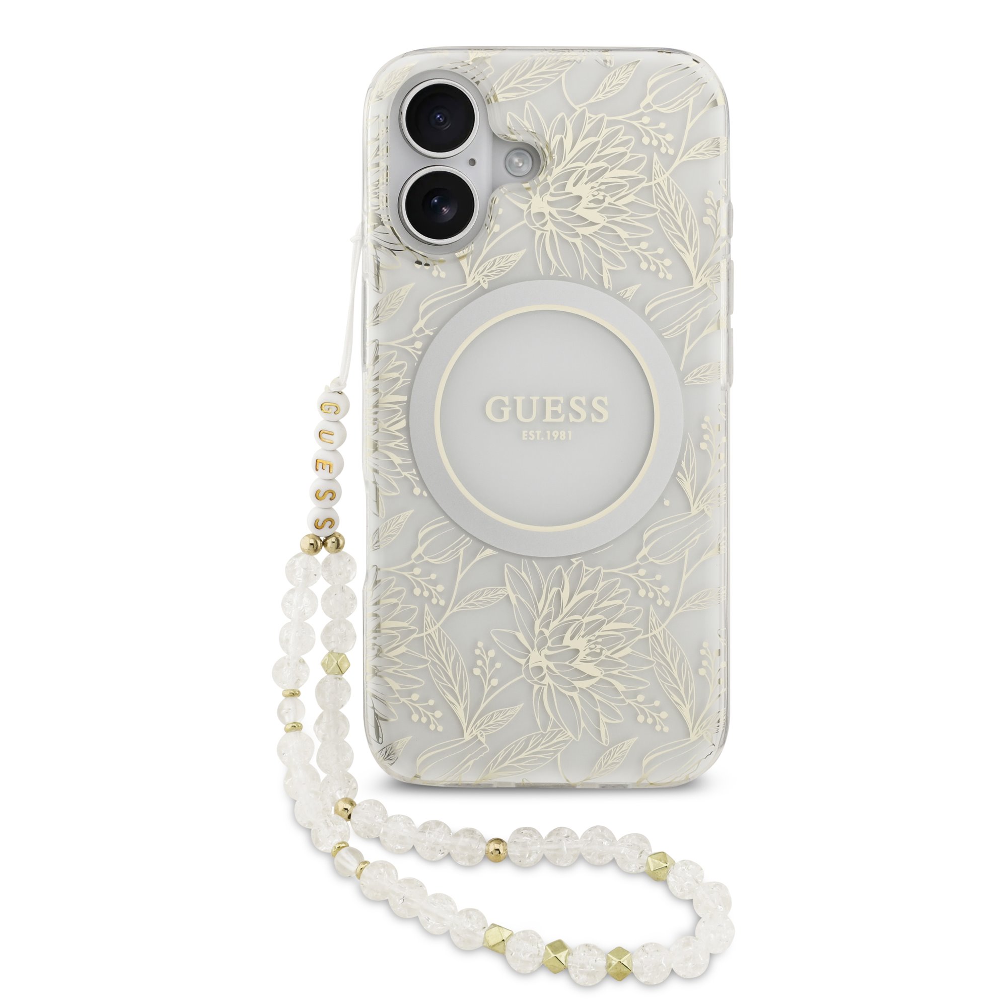 GUESS Case Apple iPhone 17, IML Flowers Allover MagSafe + Wrist Strap /white/ - GUHMP17SHCPOFPH