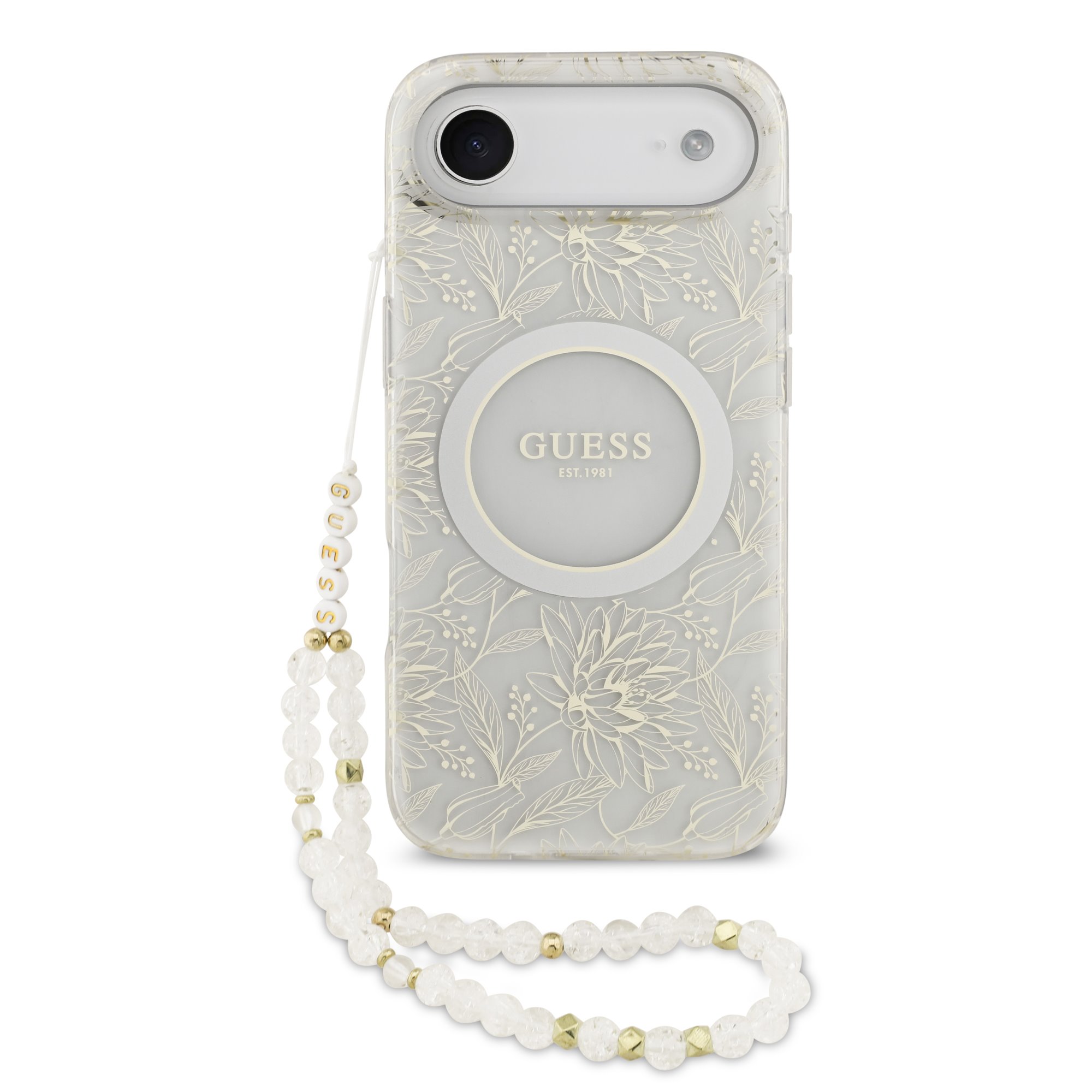 GUESS Case Apple iPhone 17 Air, IML Flowers Allover MagSafe + Wrist Strap /white/ - GUHMP17MHCPOFPH