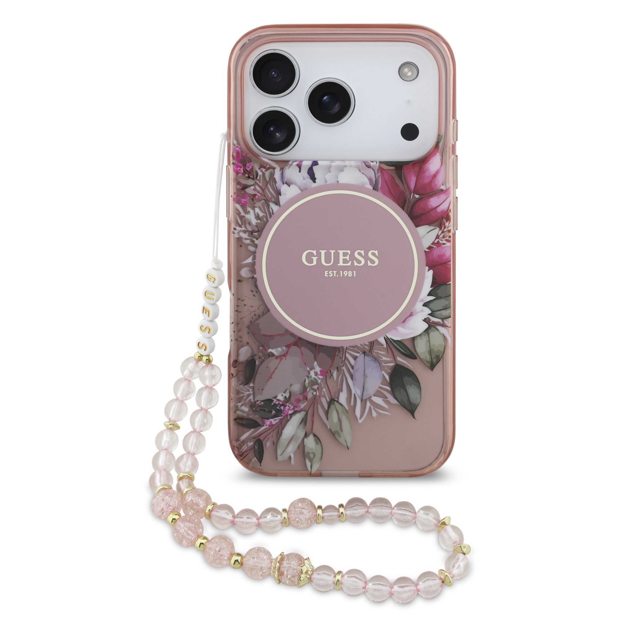 GUESS Case Apple iPhone 17 Pro Max, IML Flowers Allover MagSafe + Wrist Strap, white - GUHMP17XHFWBRCESP