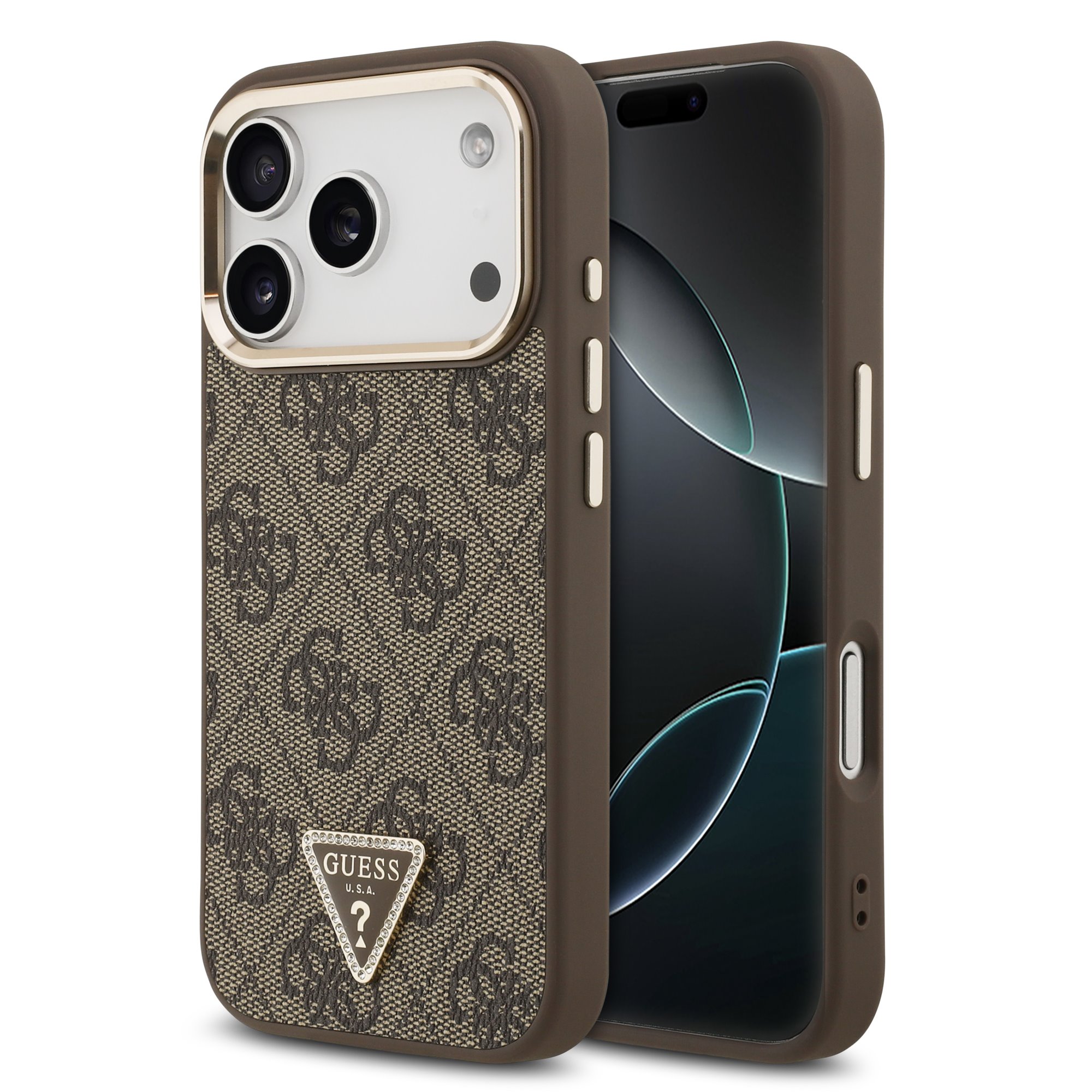 GUESS Case Apple iPhone 17 Pro, PU 4G Strass Triangle Logo Gold Frame MagSafe , brown - GUHMP17LP4GTDGMW