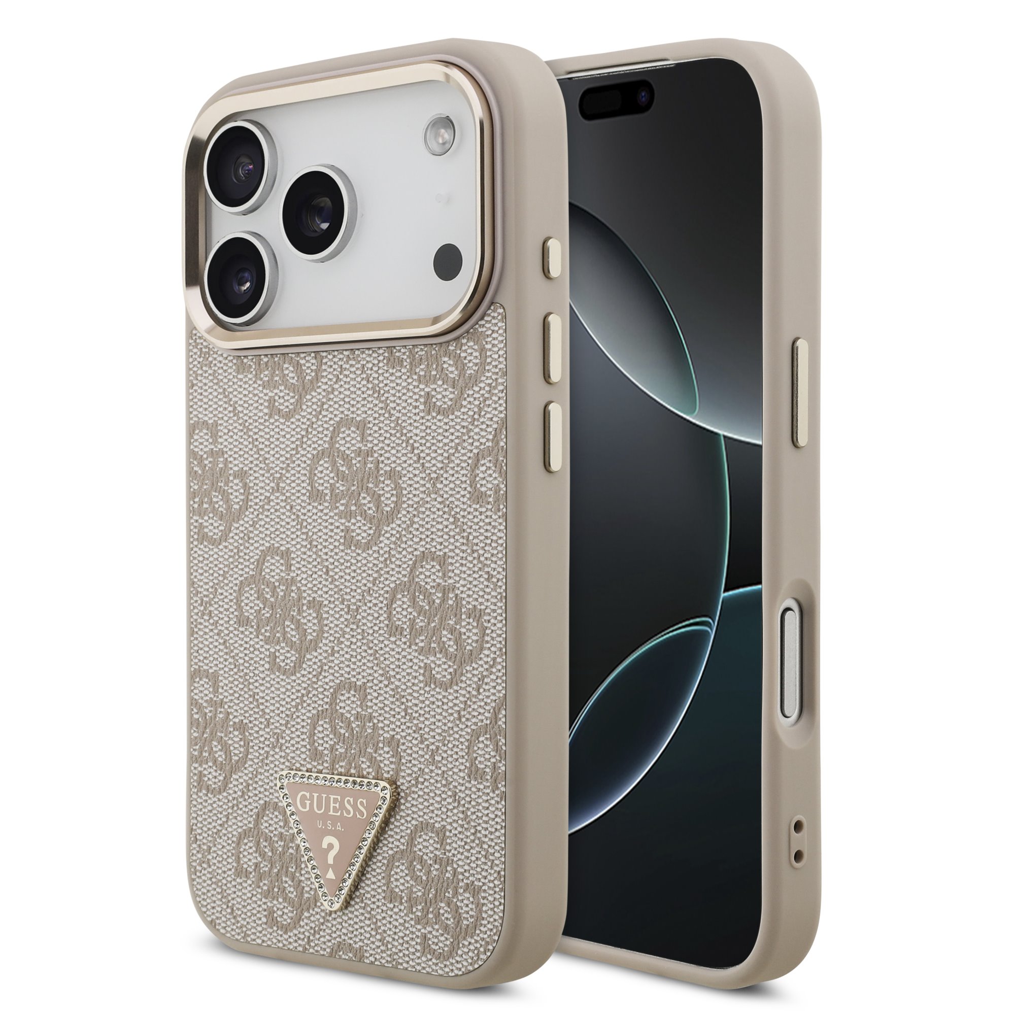 GUESS Case Apple iPhone 17 Pro, PU 4G Strass Triangle Logo Gold Frame MagSafe , pink - GUHMP17LP4GTDGMP