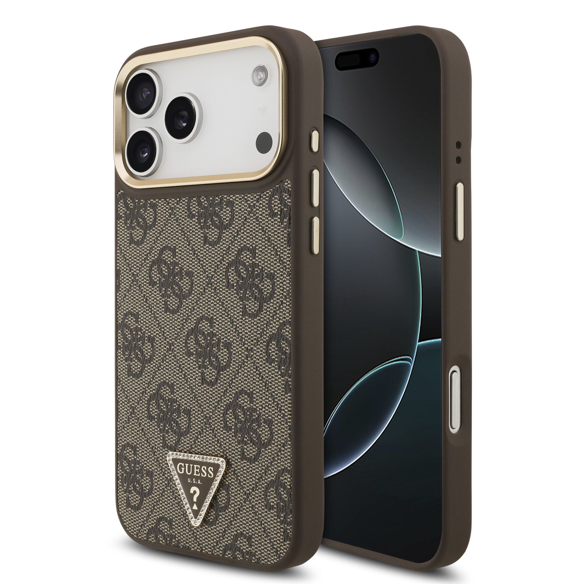GUESS Case Apple iPhone 17 Pro Max, PU 4G Strass Triangle Logo Gold Frame MagSafe , brown - GUHMP17XP4GTDGMW