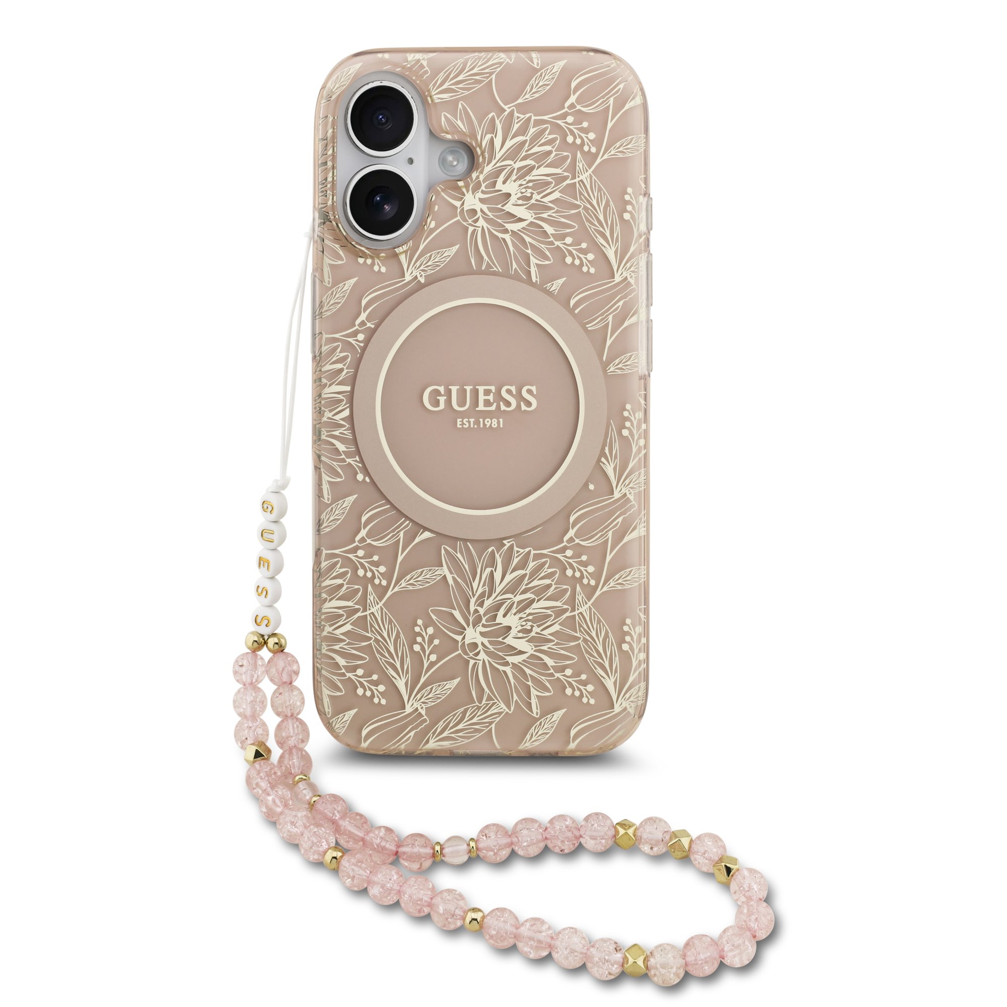 GUESS Case Apple iPhone 17, IML Flowers Allover MagSafe + Wrist Strap, white - GUHMP17SHCPOFPP